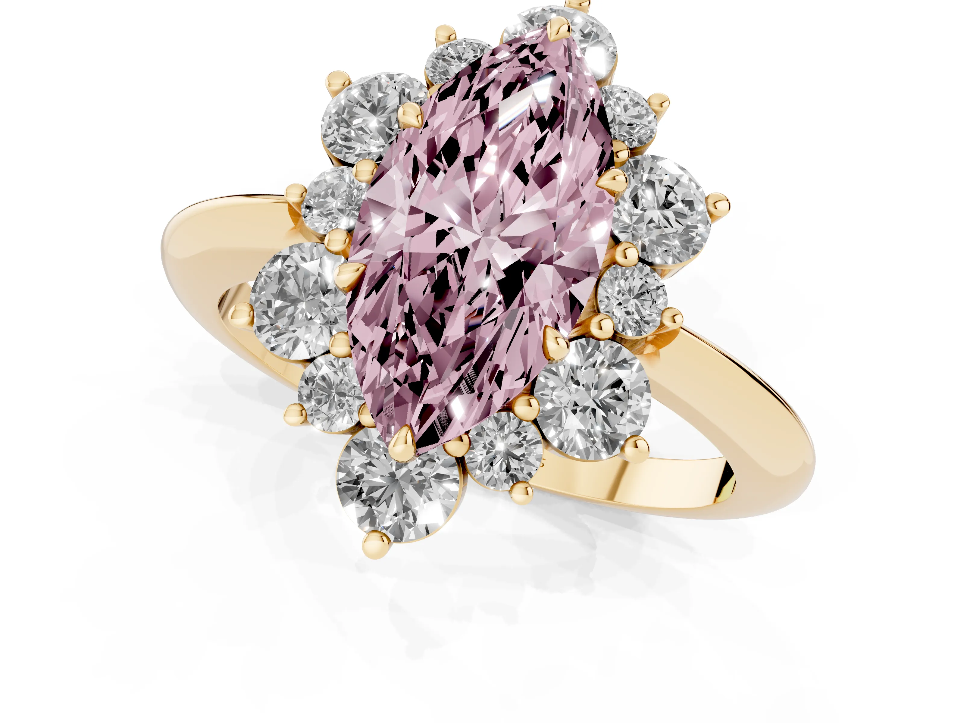 Fancy Pink Marquise Cut Diamond Cluster Halo Ring Set in Yellow gold with Solitaire Band and Prong Setting