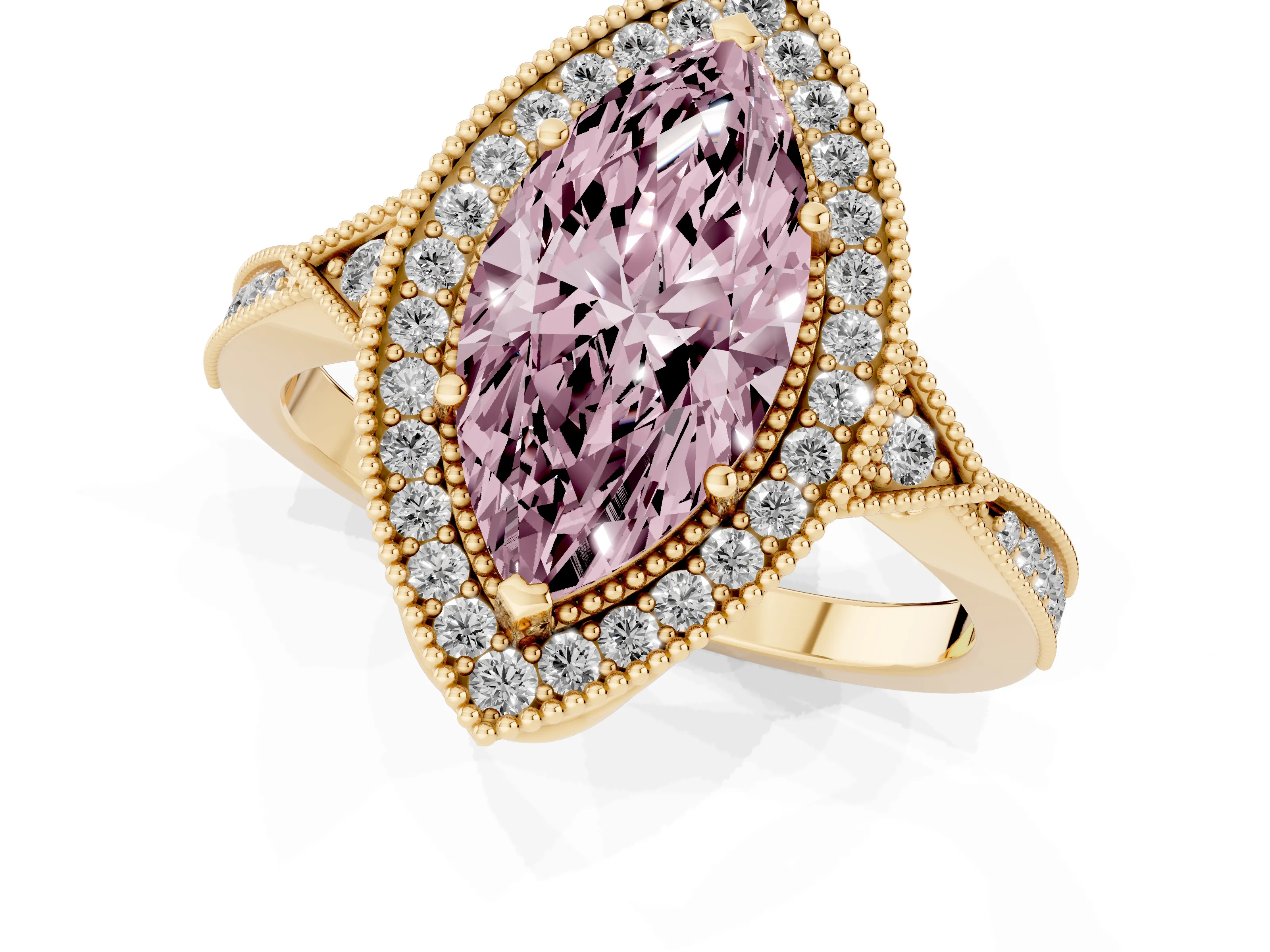 Fancy Pink Marquise Cut Diamond Halo Engagement Ring Set in Yellow gold with Milgrain Pavé Band