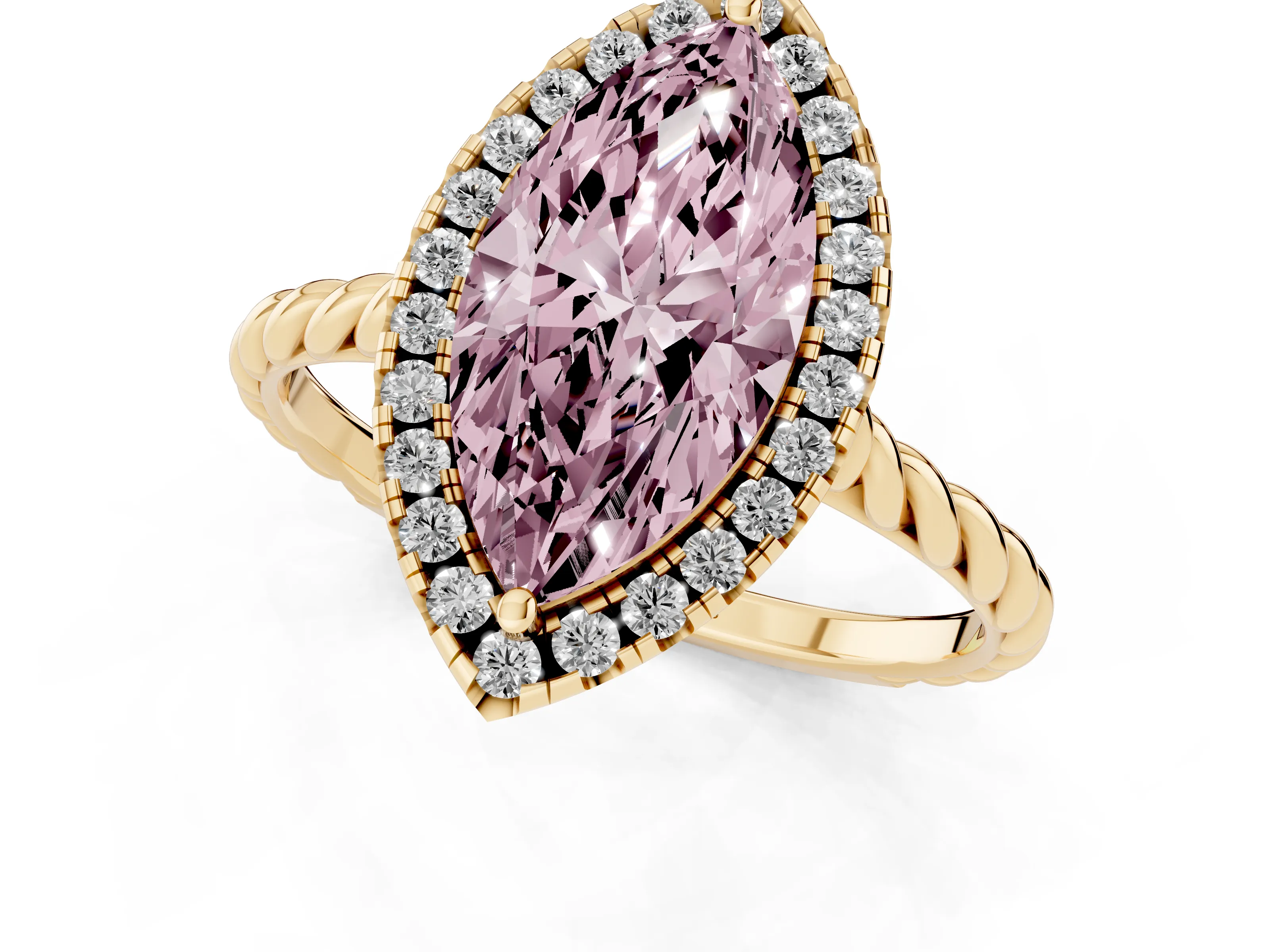 Fancy Pink Marquise Cut Diamond Halo Ring Set in Yellow gold with Plain Twisted Band
