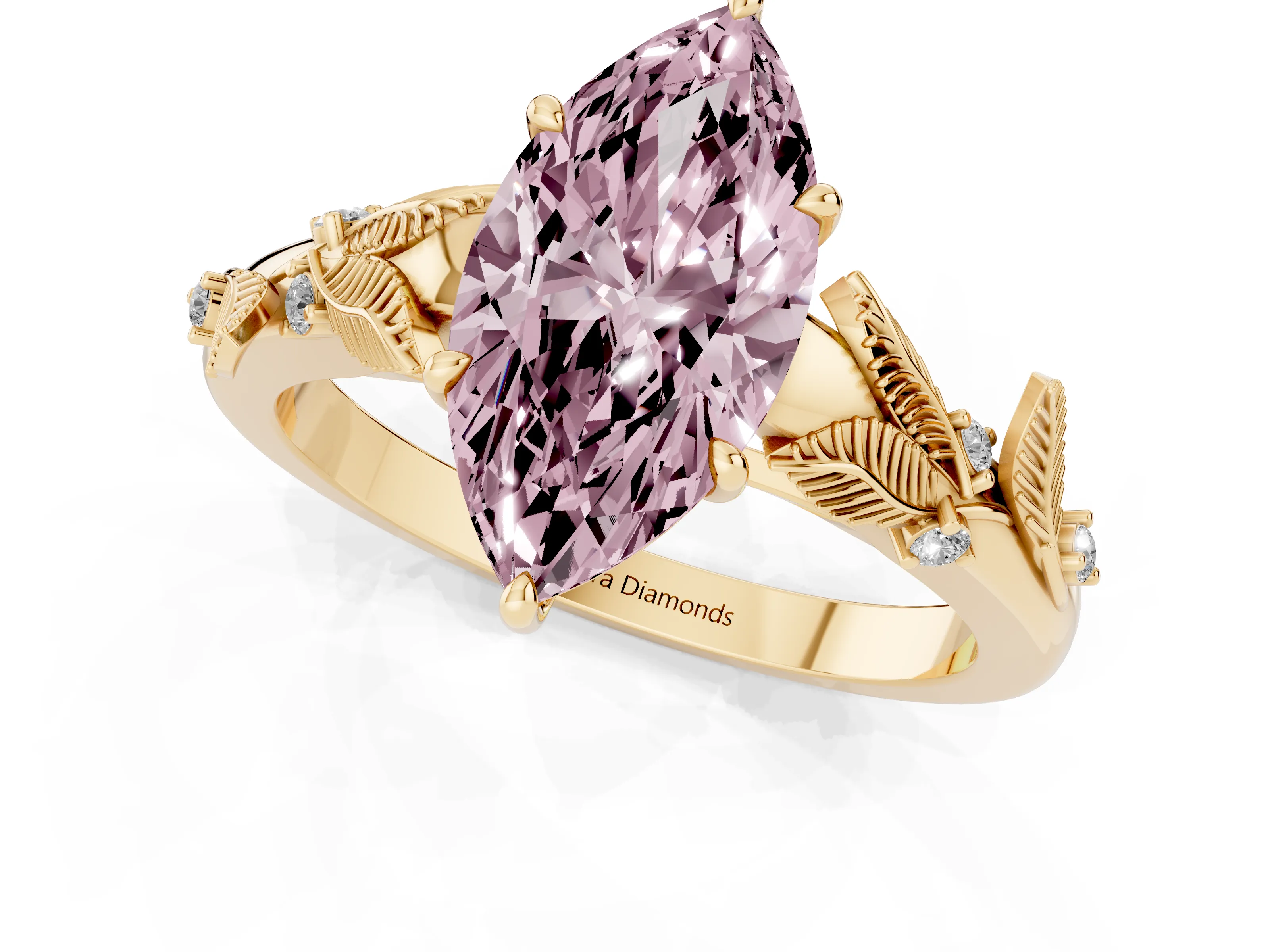 Fancy Pink Marquise Cut Diamond Solitaire Ring Set in Yellow gold with Leaf Motif Band