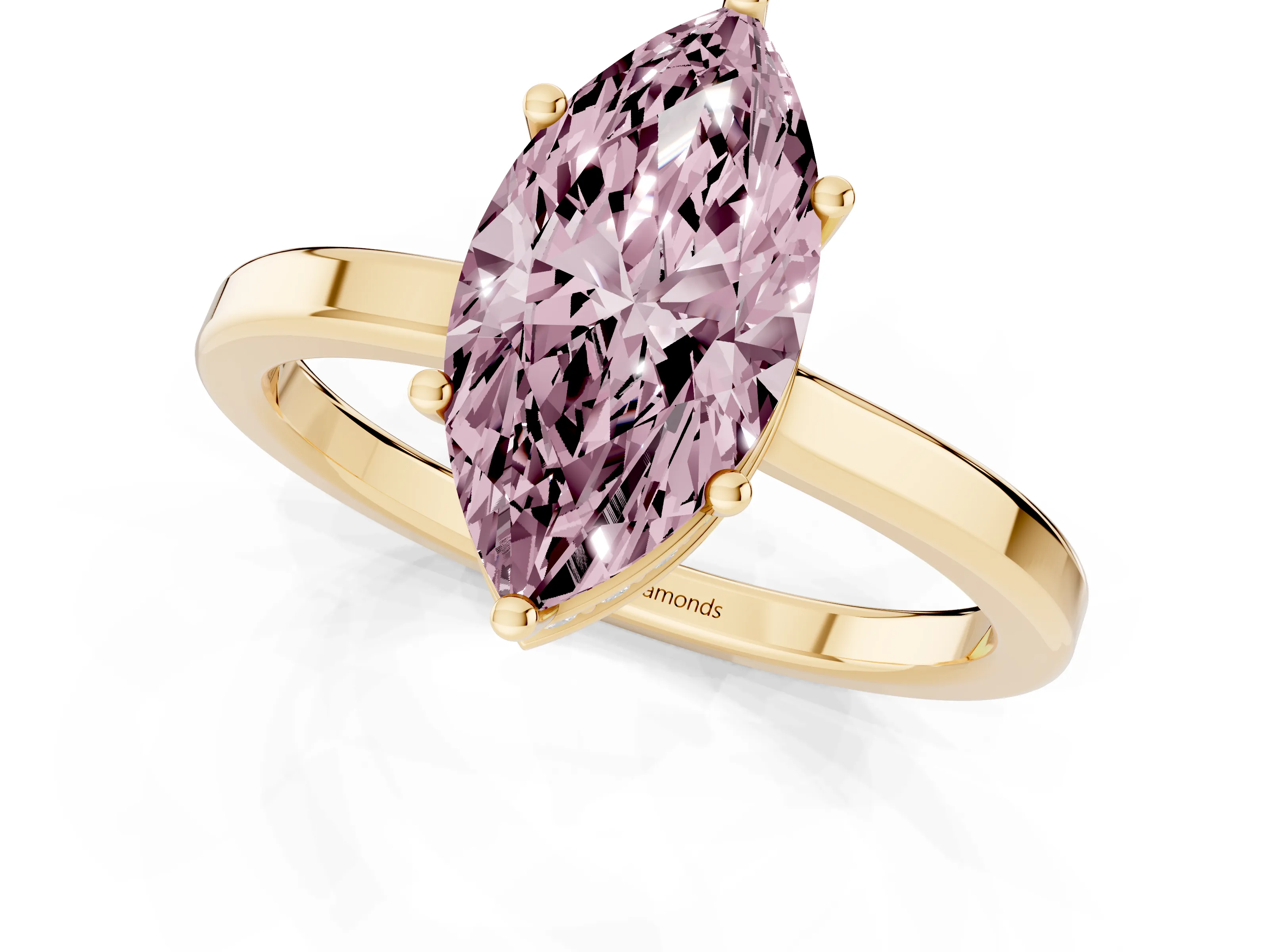 Fancy Pink Marquise Cut Diamond Solitaire Engagement Ring Set in Yellow gold with Prong Setting on a Plain Band