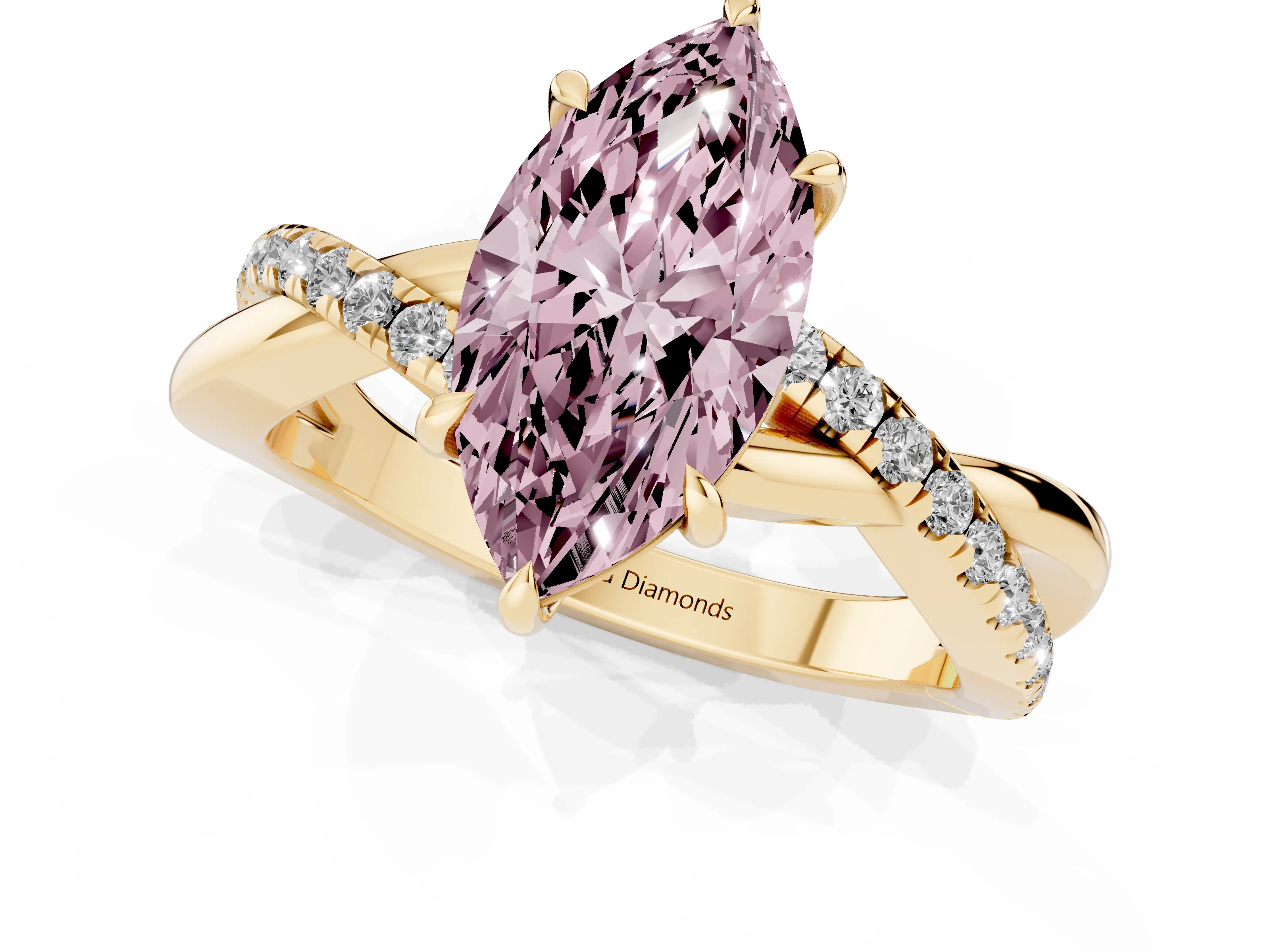 Fancy Pink Marquise Cut Diamond Twisted Pavé Band Ring Set in Yellow gold with Prong Setting