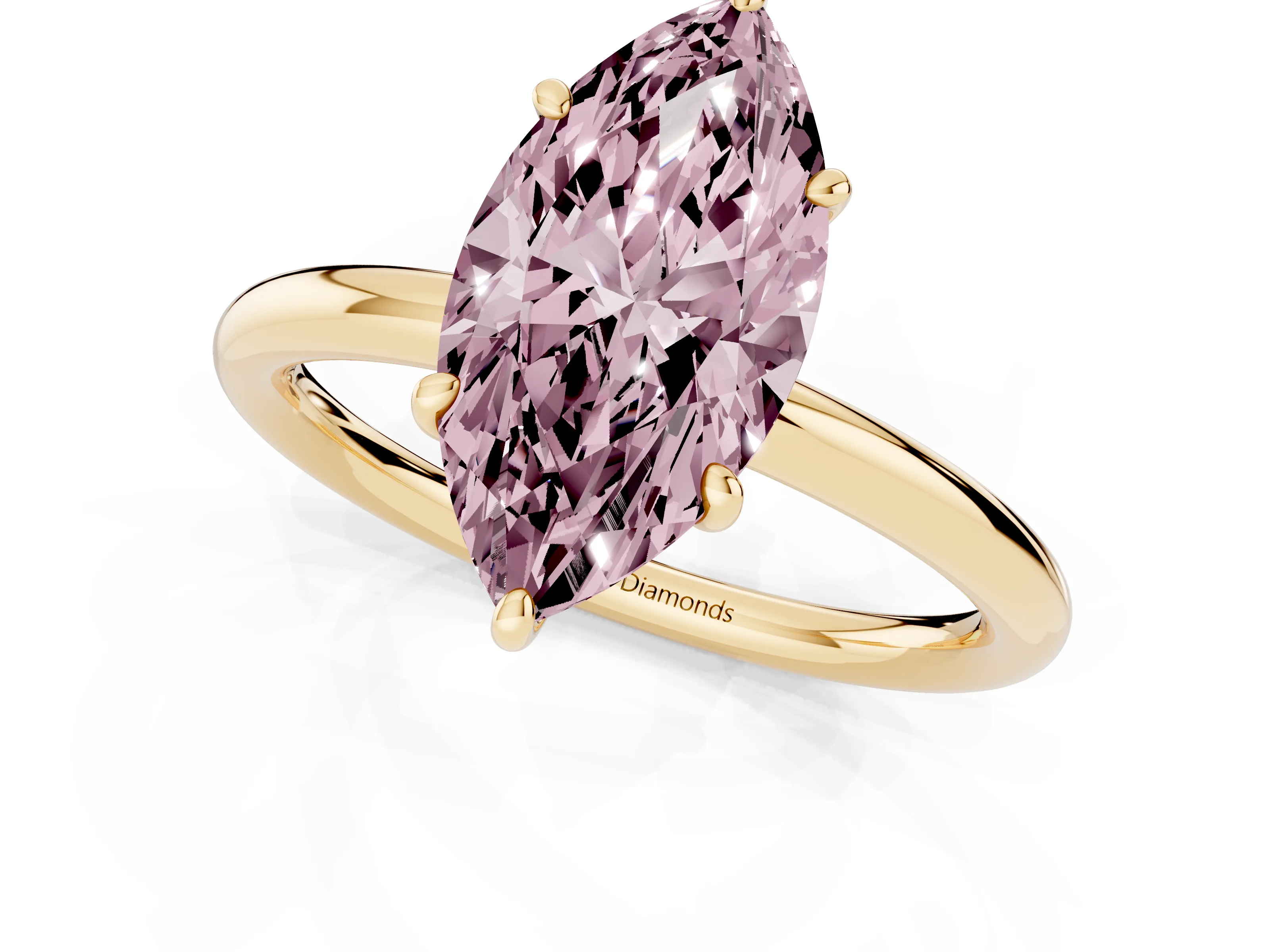 Fancy Pink Marquise Cut Diamond Solitaire Ring Set in Yellow gold with Prong Setting on a Polished Plain Band