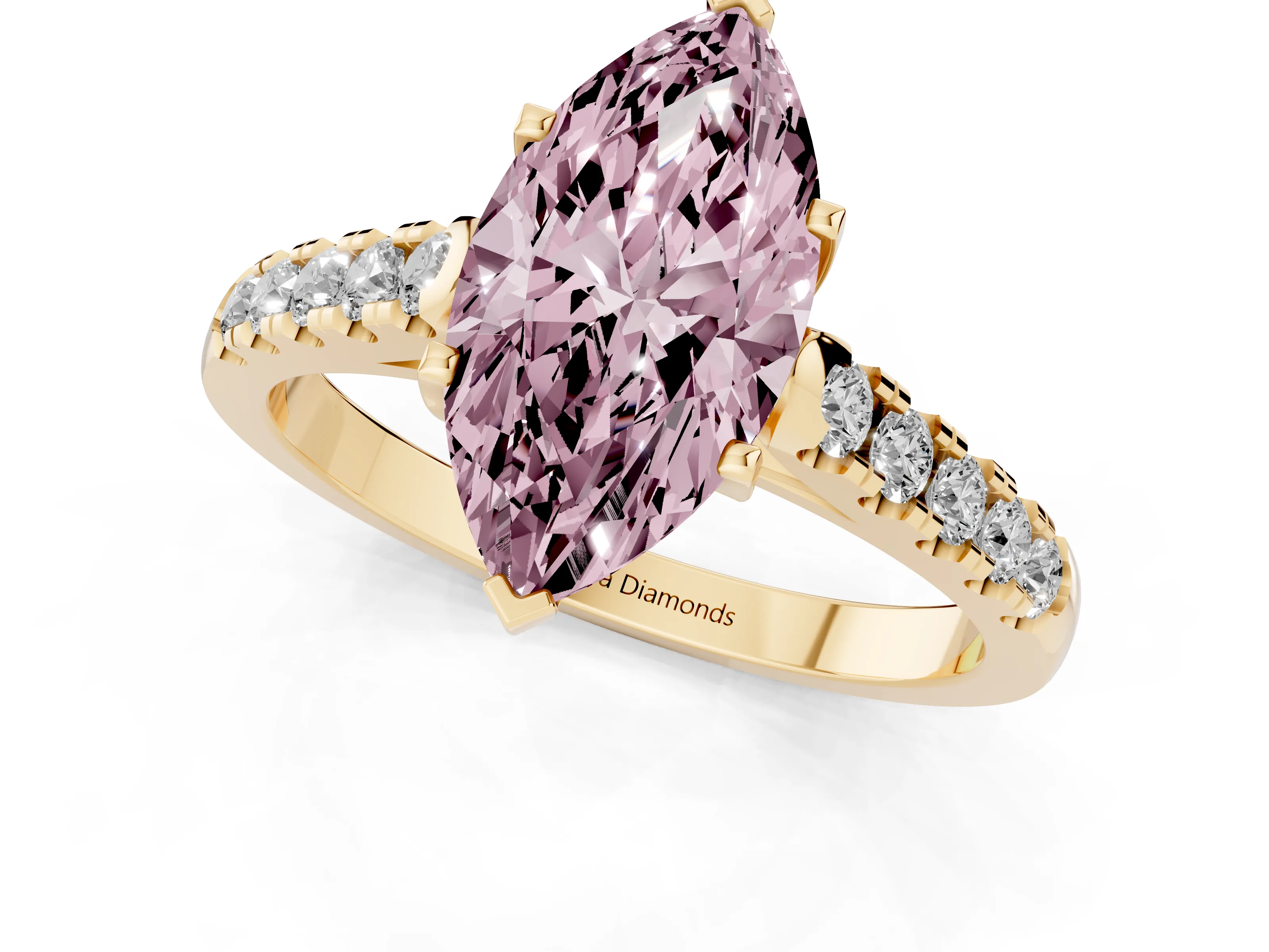 Fancy Pink Marquise Cut Diamond Pavé Band Solitaire Ring Set in Yellow gold with Partway Accent Stones and Prong Setting – second view