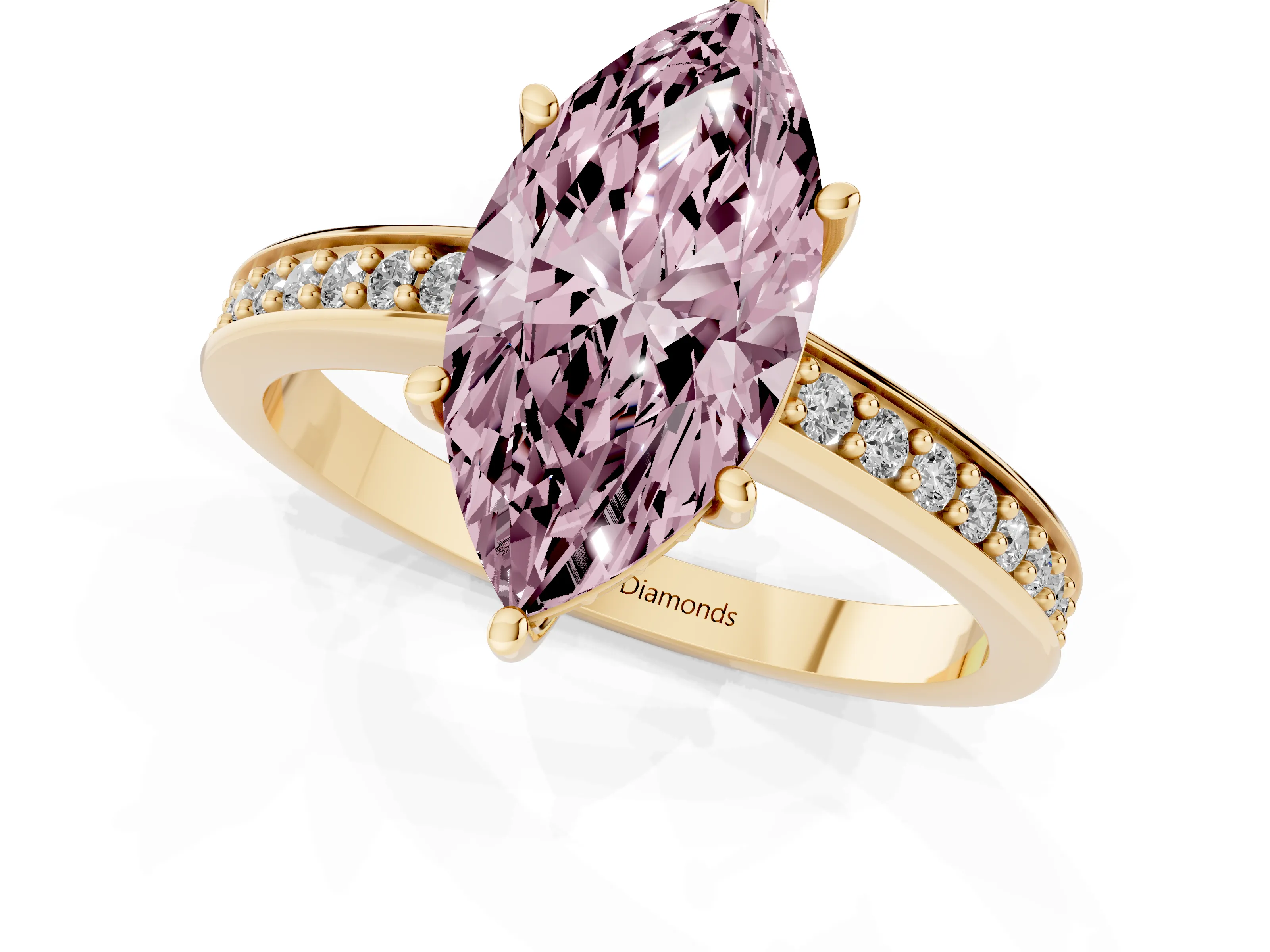 Fancy Pink Marquise Cut Diamond Pavé Band Prong Set Solitaire Ring Set in Yellow gold
