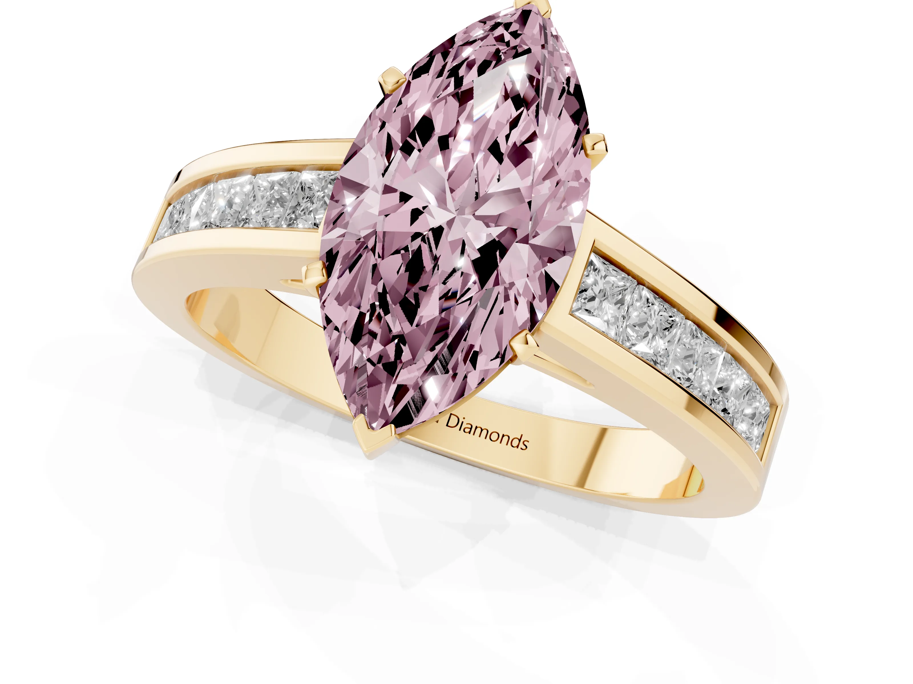 Fancy Pink Marquise Cut Diamond Solitaire Ring Set in Yellow gold with Channel-Set Band and Prong Setting