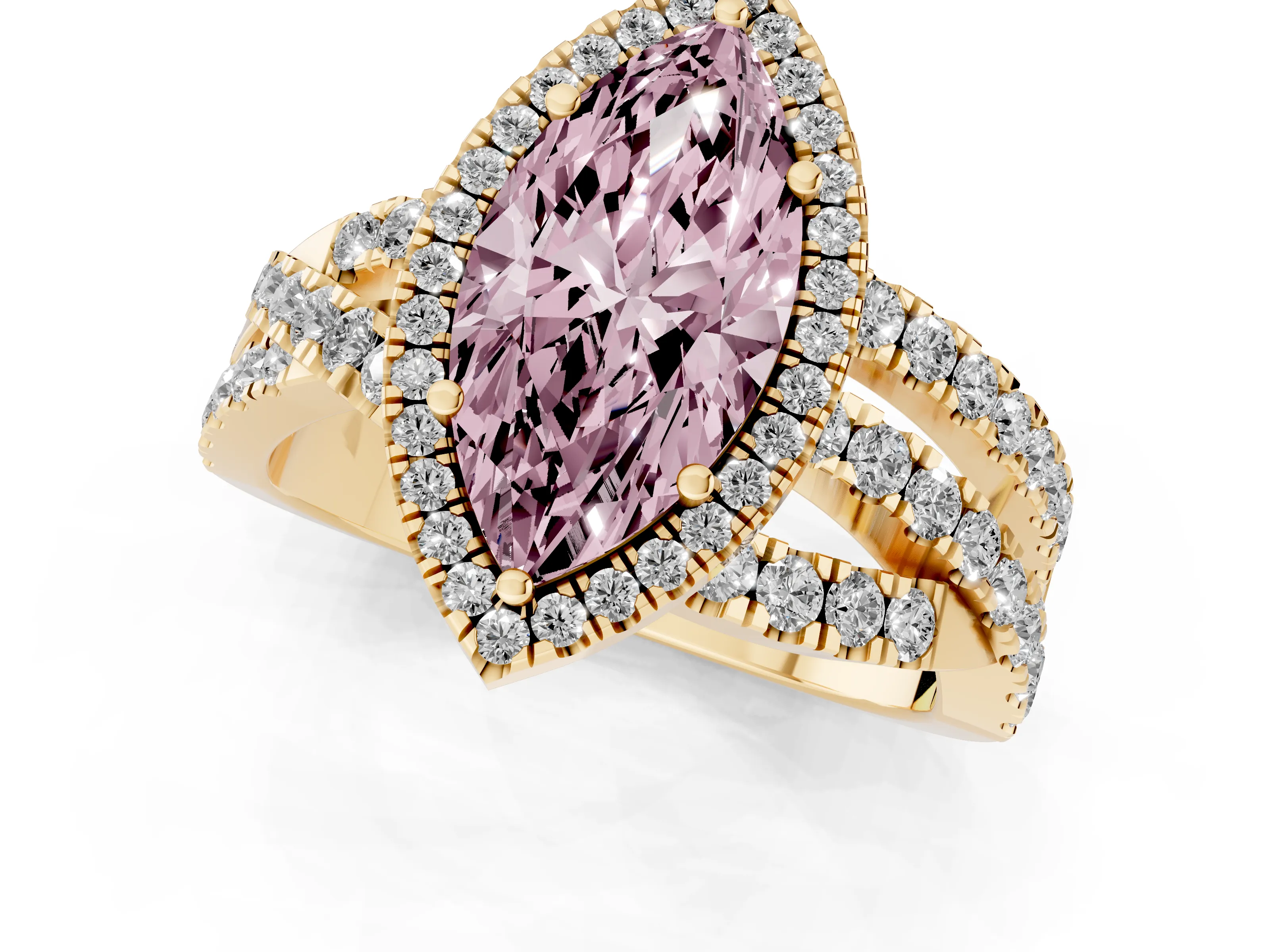 Fancy Pink Marquise Cut Diamond Halo Ring Set in Yellow gold with Round Crossover Split Shank and Prong Setting – second view