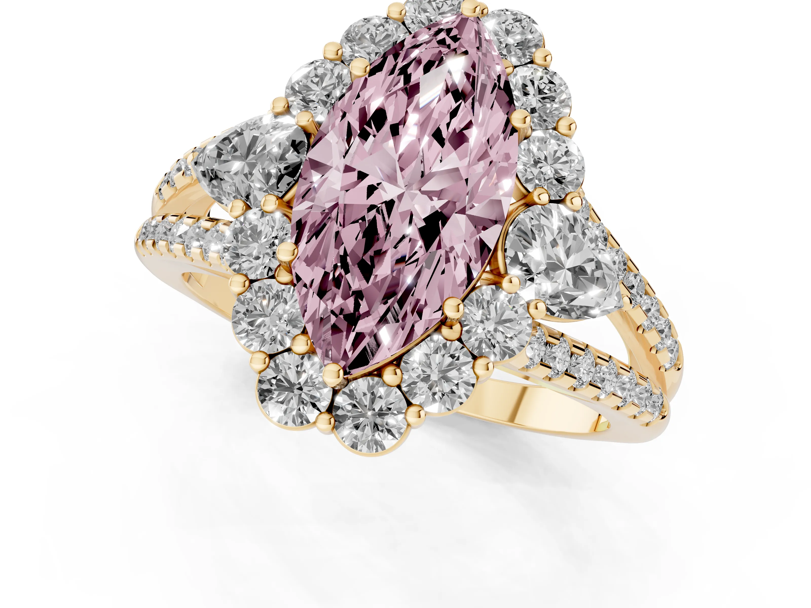 Fancy Pink Marquise Cut Diamond Halo Split Shank Engagement Ring Set in Yellow gold with Prong-Held Center Stone