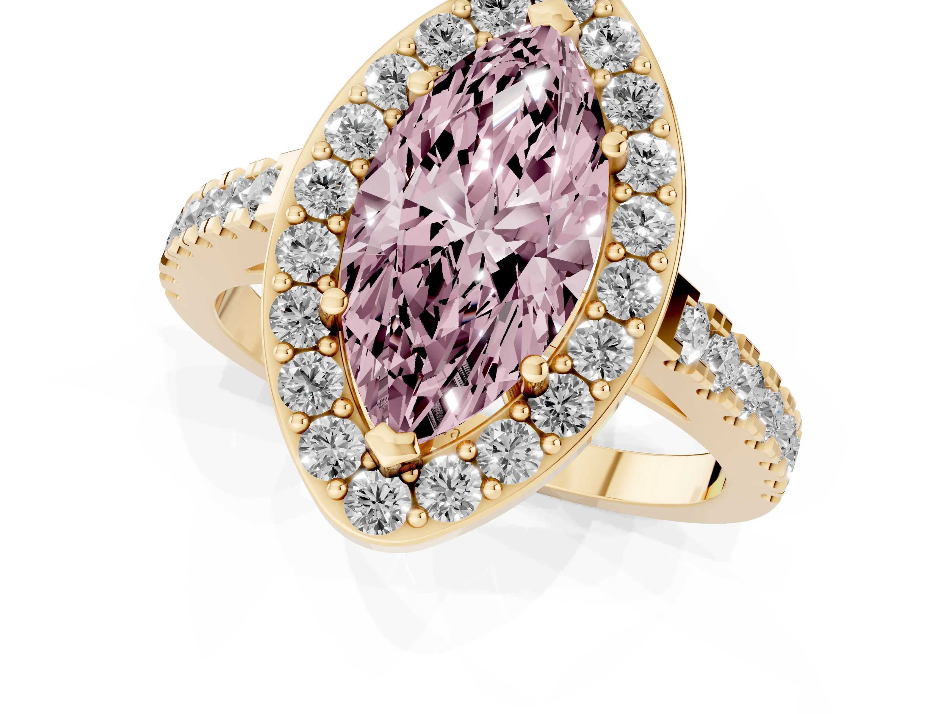 Fancy Pink Marquise Cut Diamond Halo Ring Set in Yellow gold with Round Pavé Split Shank and Prong Setting