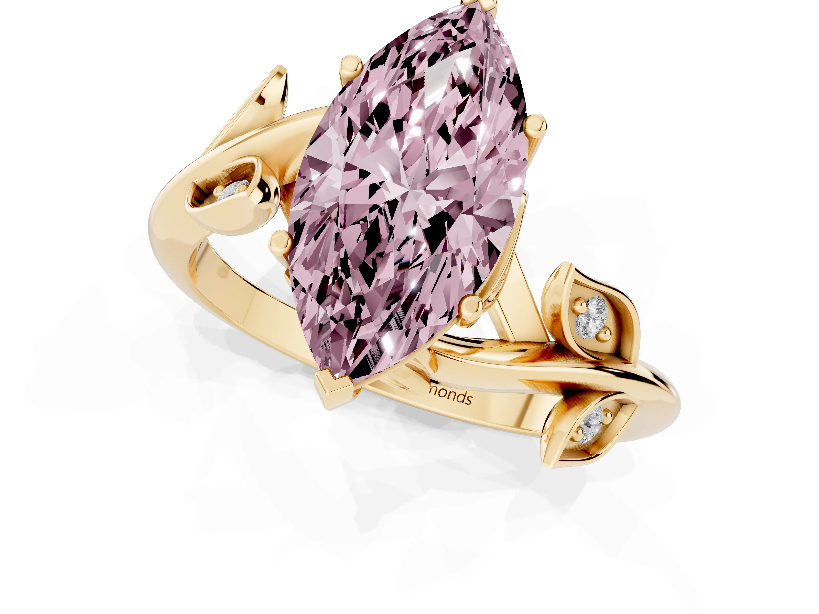 Fancy Pink Marquise Cut Diamond Solitaire Twist Engagement Ring Set in Yellow gold with Pavé Leaf Accents