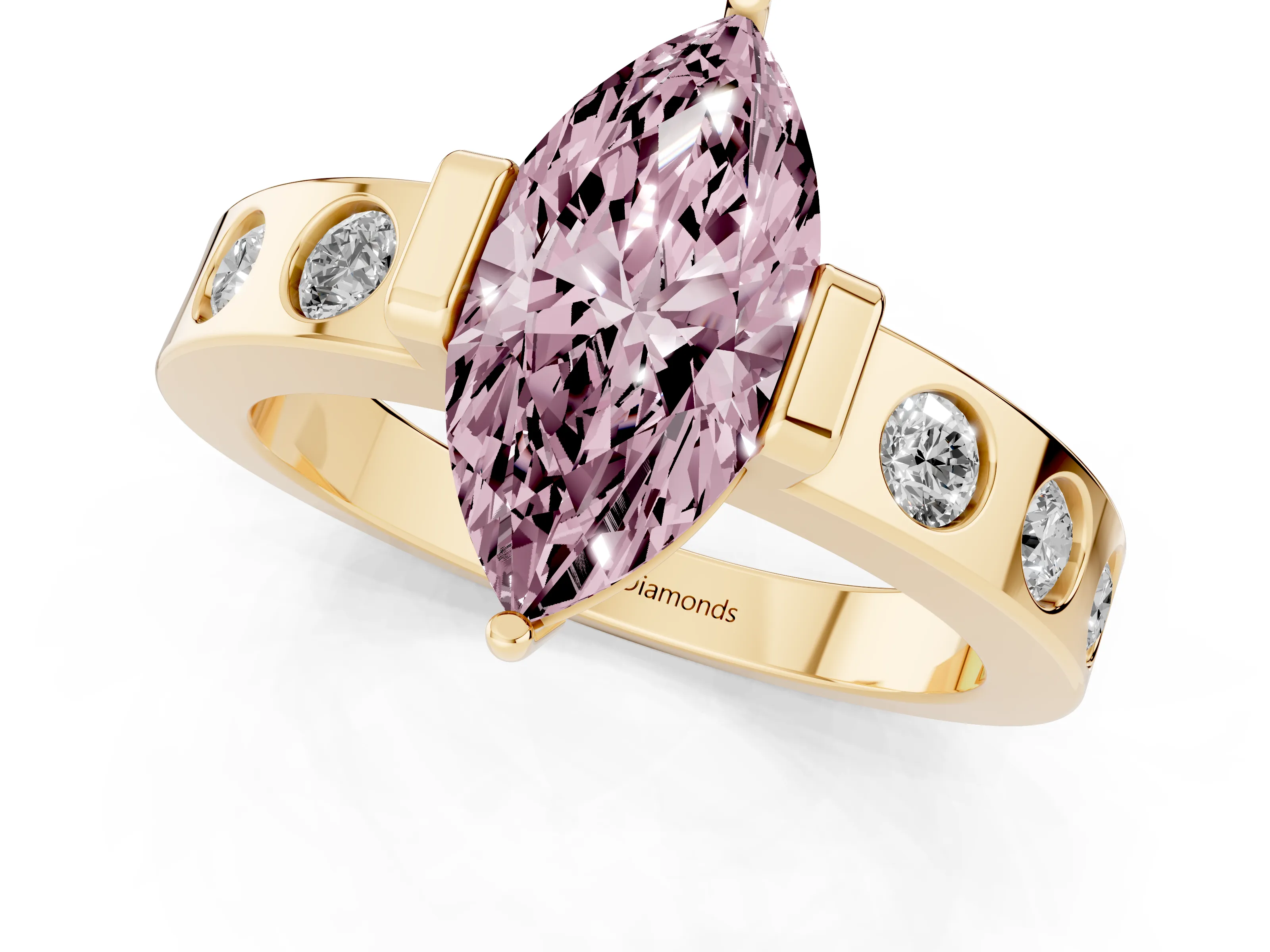 Fancy Pink Marquise Cut Diamond Channel-Set Band Ring Set in Yellow gold with Bezel Prong Setting
