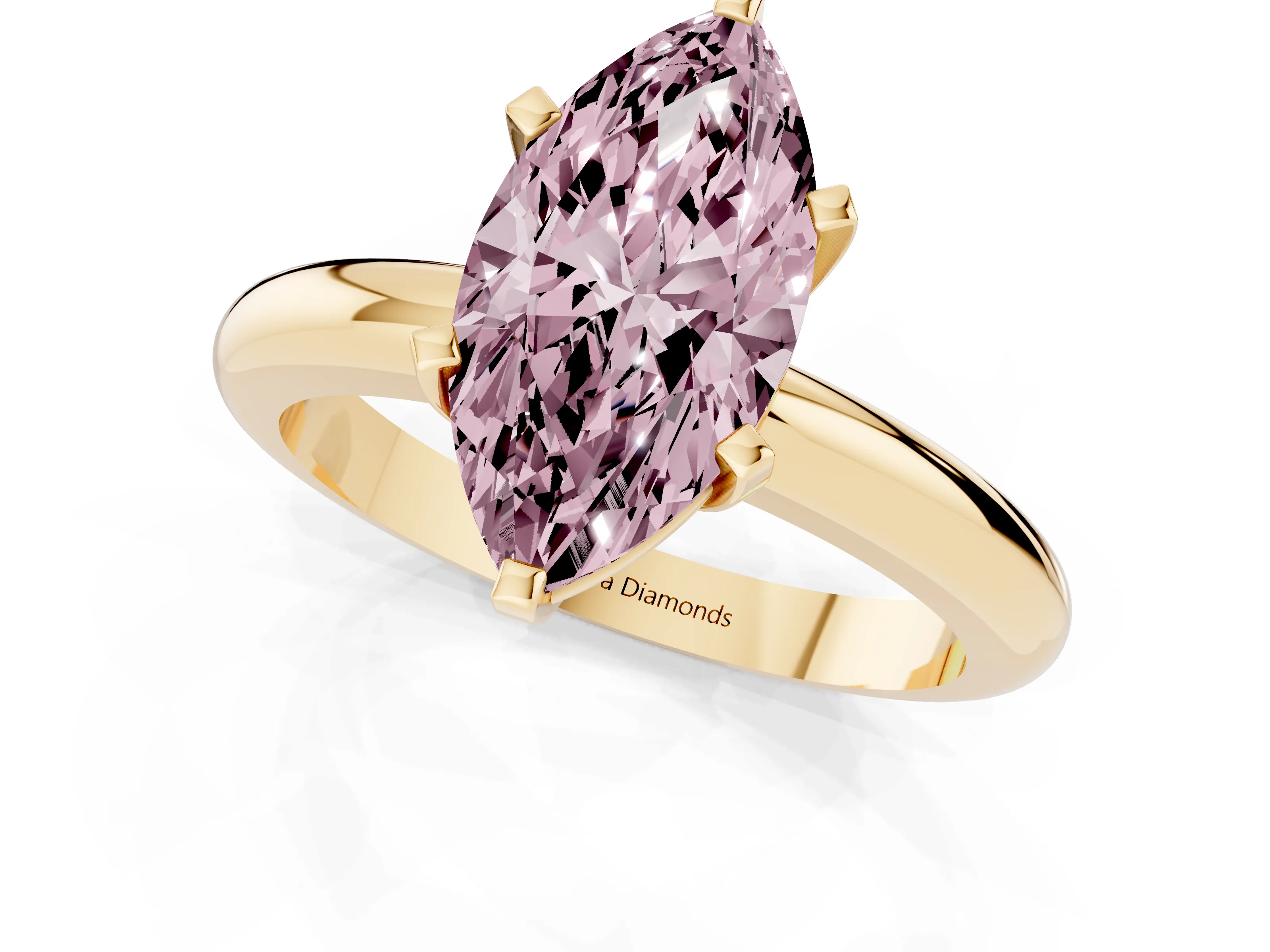 Fancy Pink Marquise Cut Diamond Solitaire Engagement Ring Set in Yellow gold with Round Band and Prong Setting