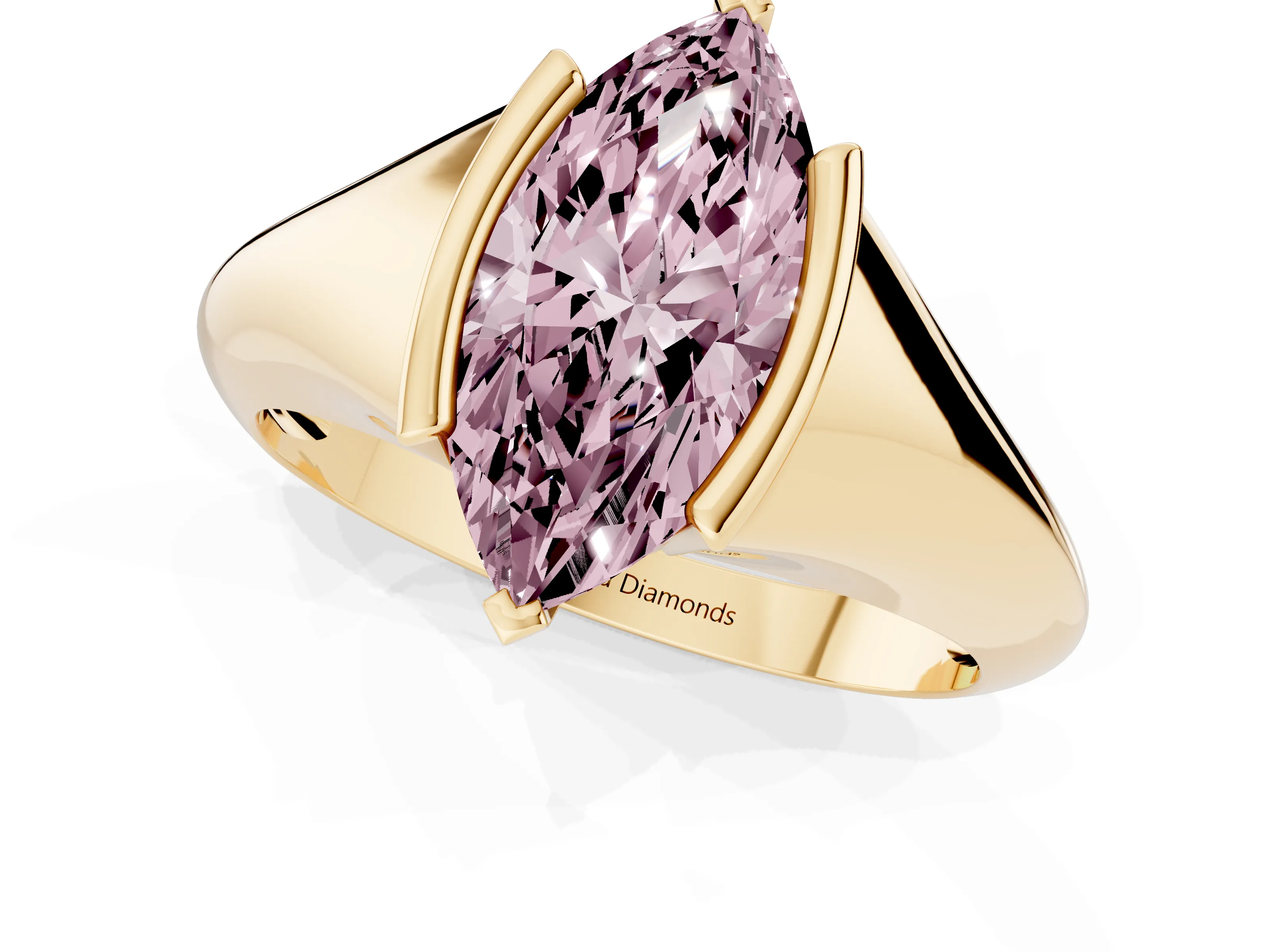 Fancy Pink Marquise Cut Diamond Solitaire Tension Set Ring Set in Yellow gold