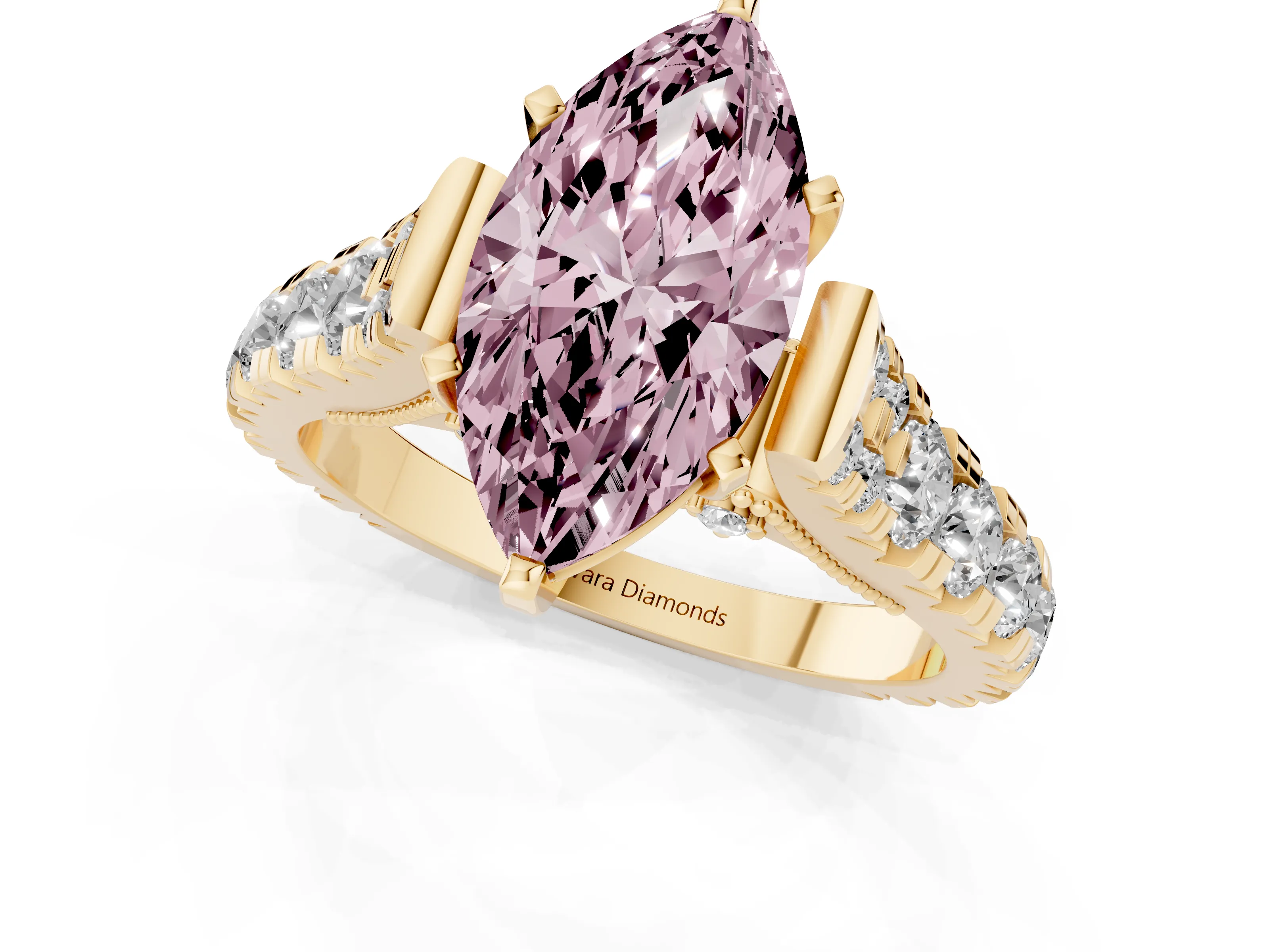 Fancy Pink Marquise Cut Diamond Classic Solitaire Ring Set in Yellow gold with Pavé Band and Prong Setting