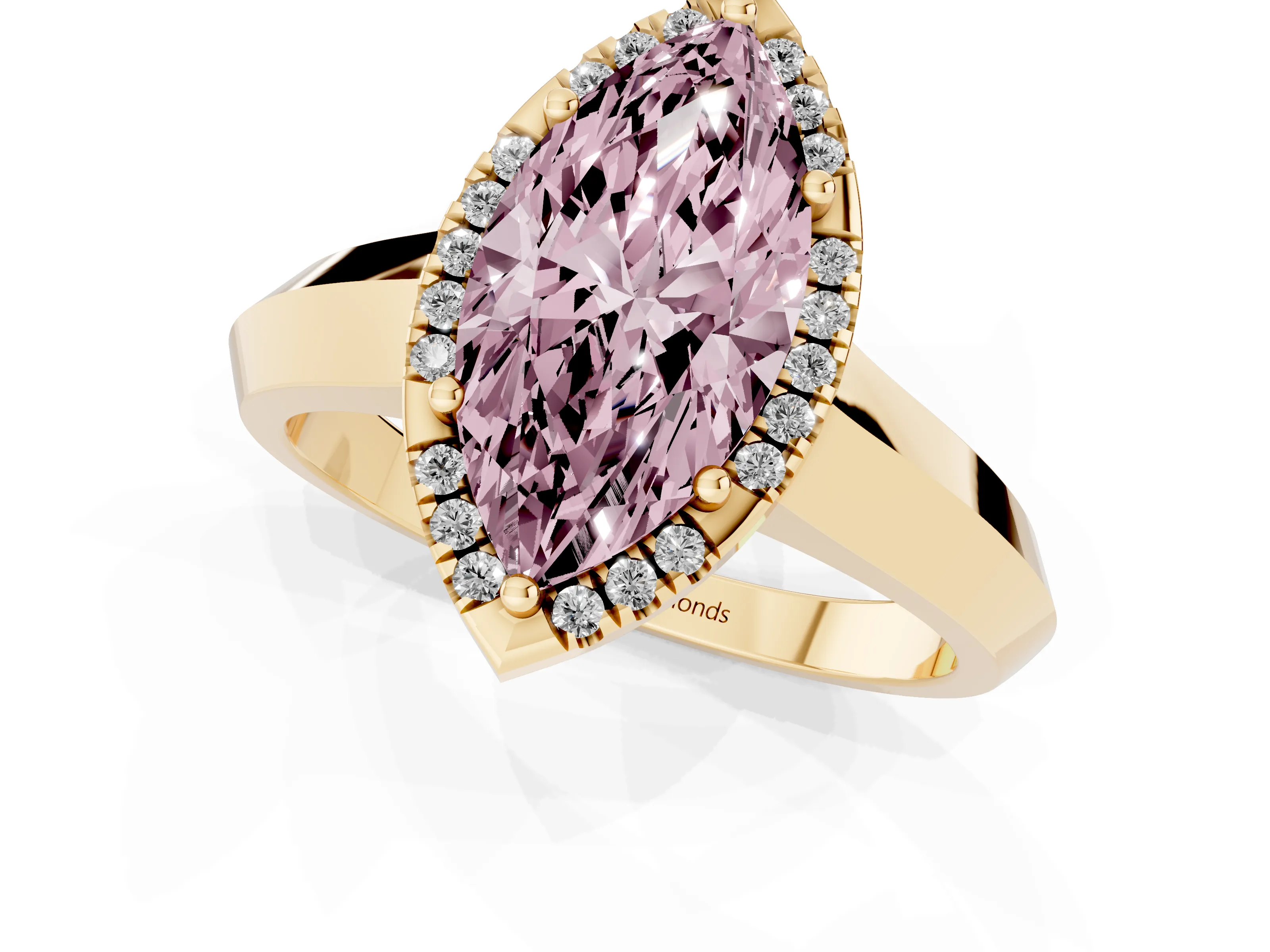Fancy Pink Marquise Cut Diamond Halo Ring Set in Yellow gold with Cathedral Band and Prong Setting