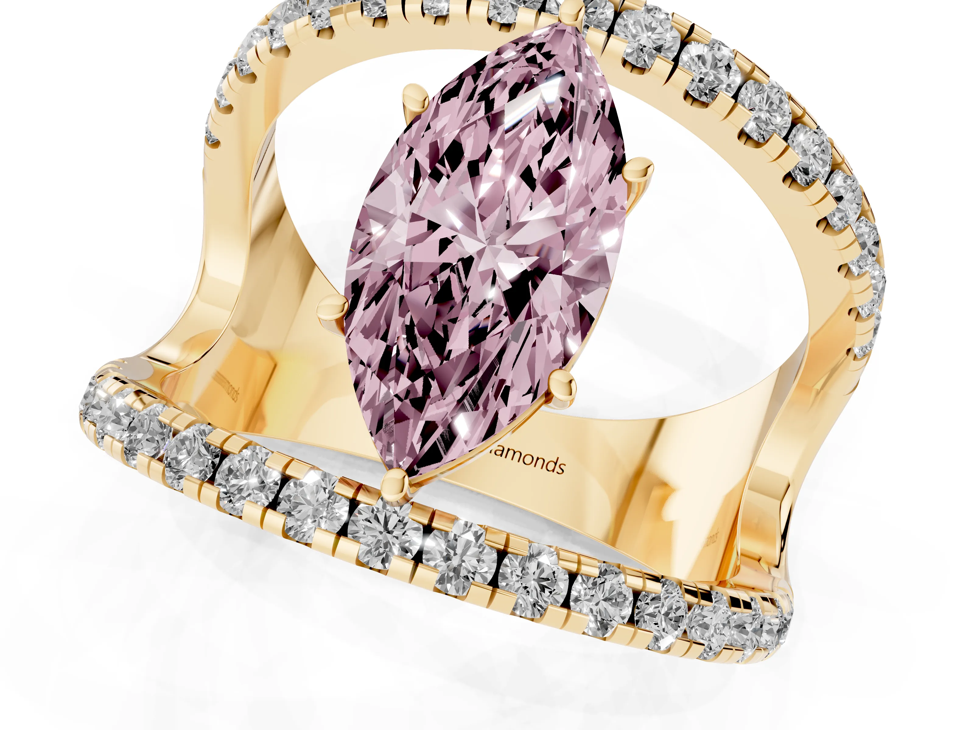Fancy Pink Marquise Cut Diamond Split Shank Pavé Solitaire Ring Set in Yellow gold with Open Shank Design