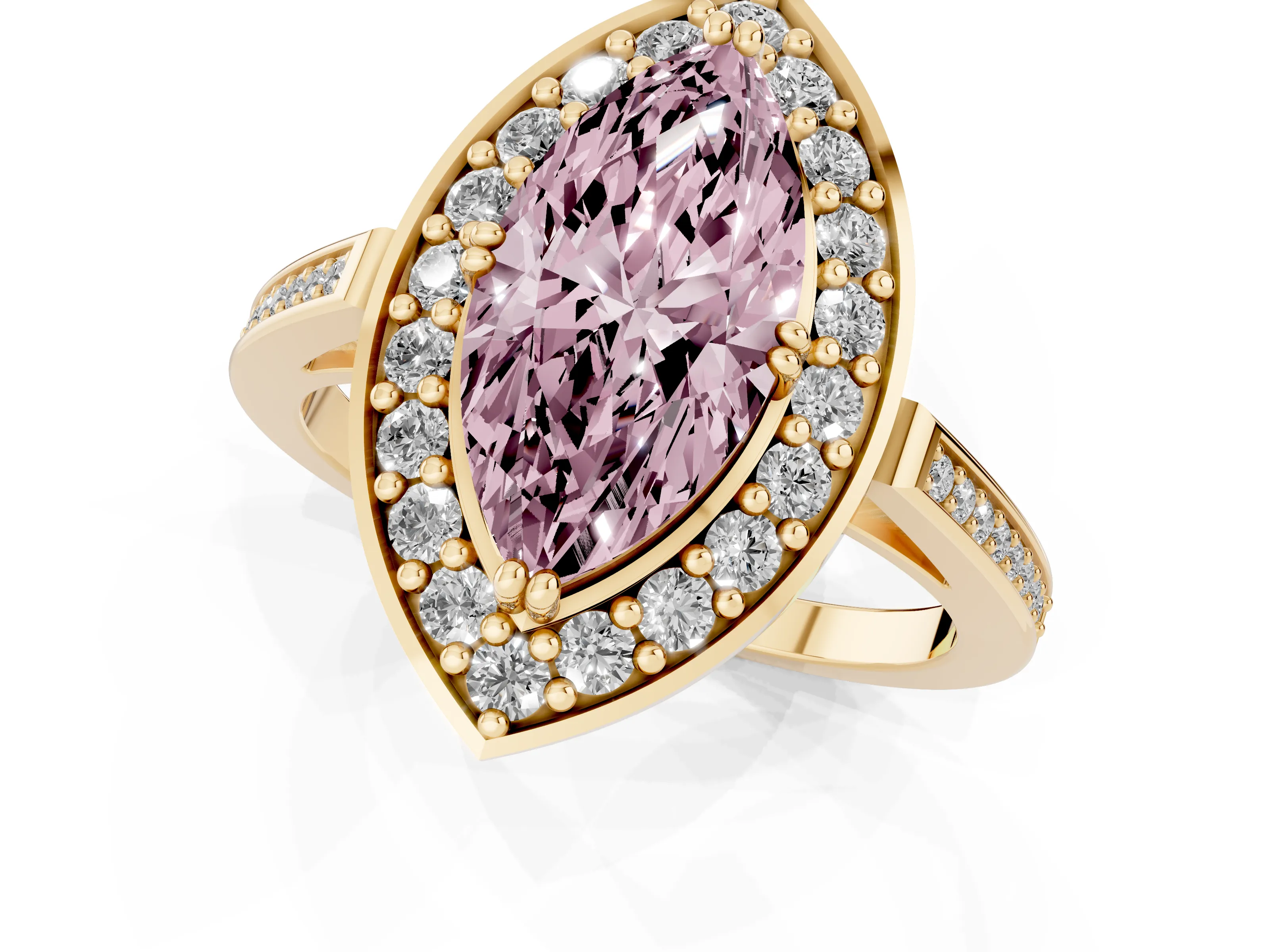 Fancy Pink Marquise Cut Diamond Halo Ring Set in Yellow gold with Accent-Lined Split Shank and Prong Setting