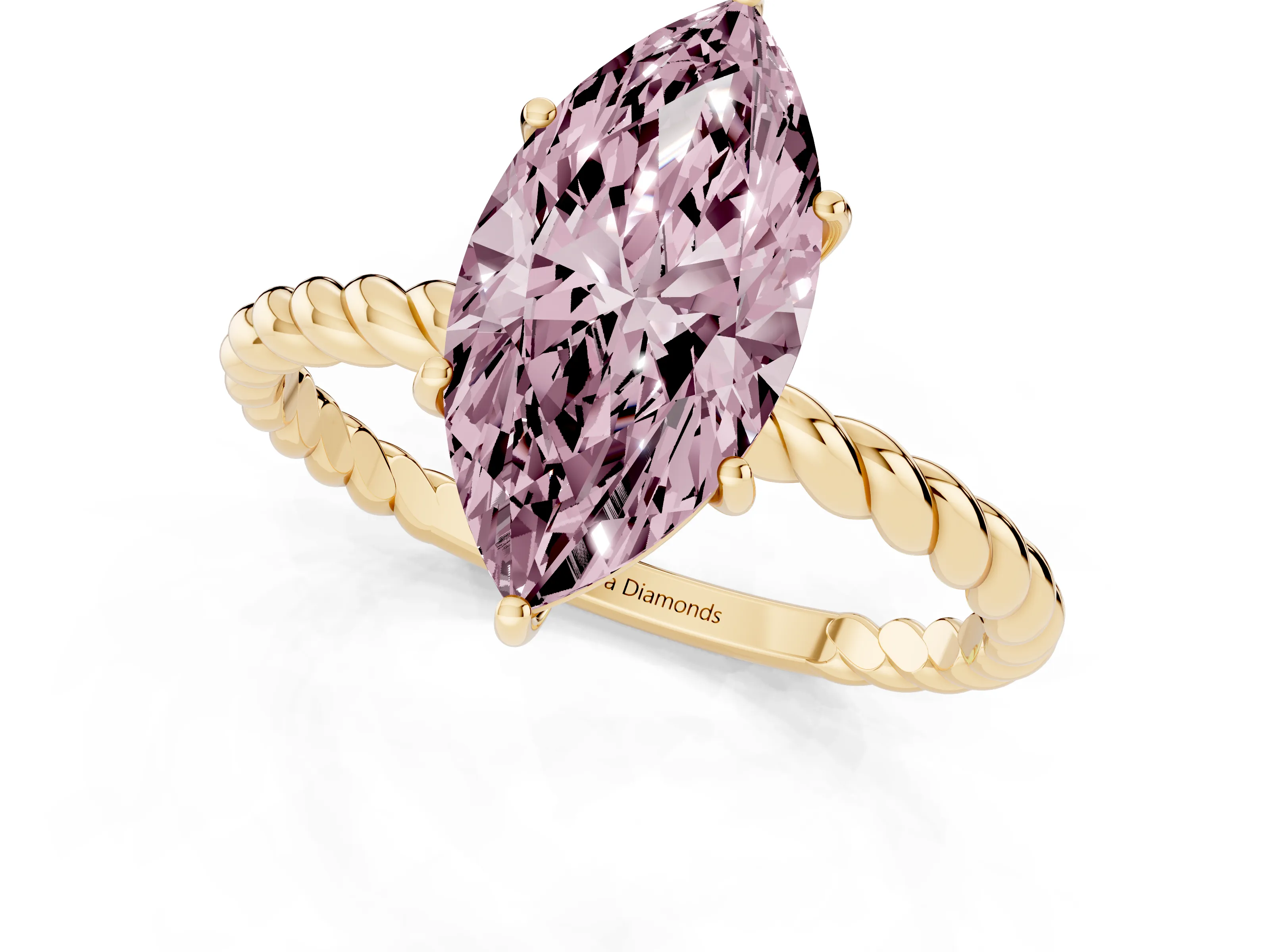 Fancy Pink Marquise Cut Diamond Solitaire Ring Set in Yellow gold with Twist Band and Prong Setting