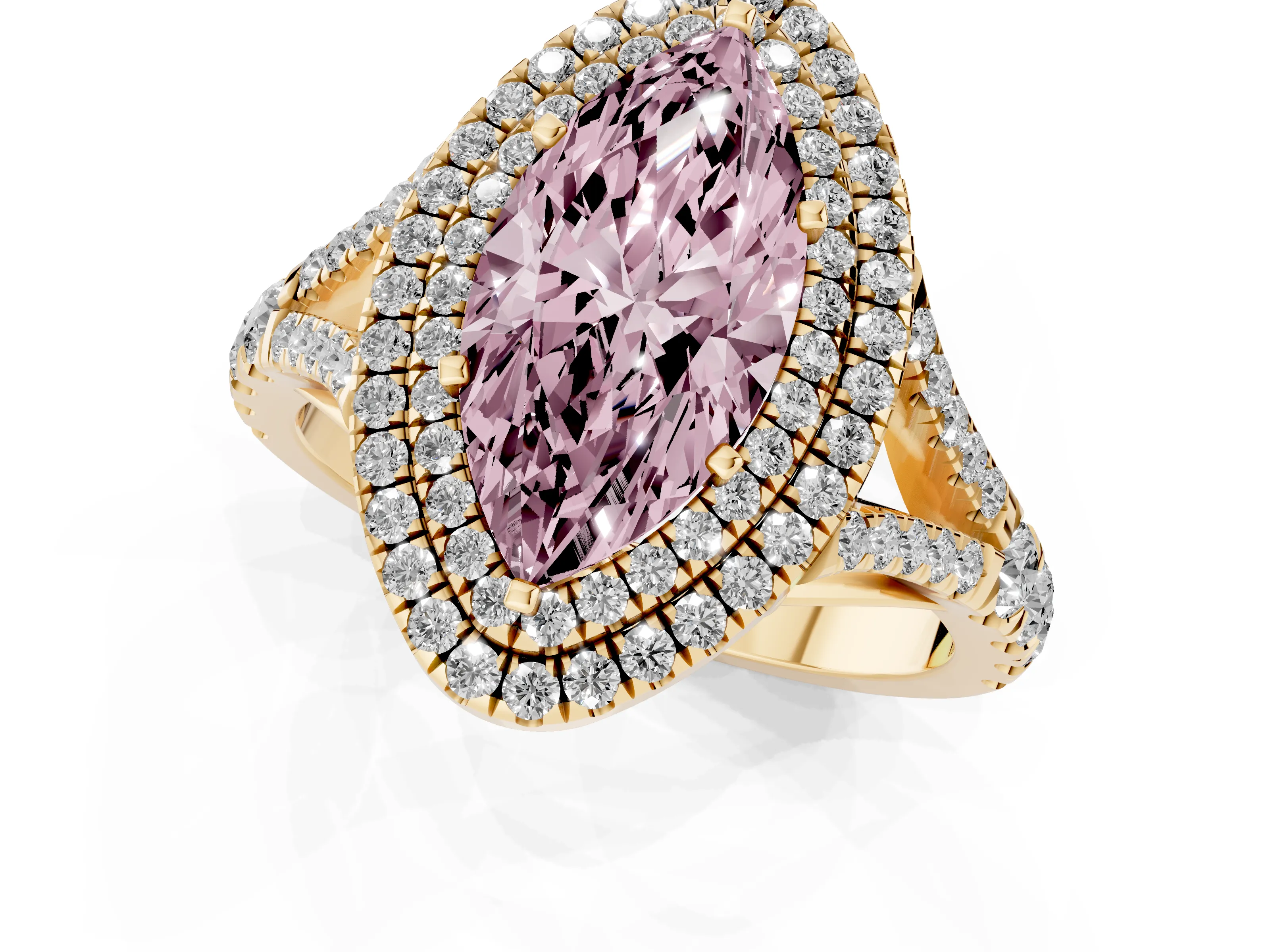 Fancy Pink Marquise Cut Diamond Pavé Split Shank Double Halo Engagement Ring Set in Yellow gold