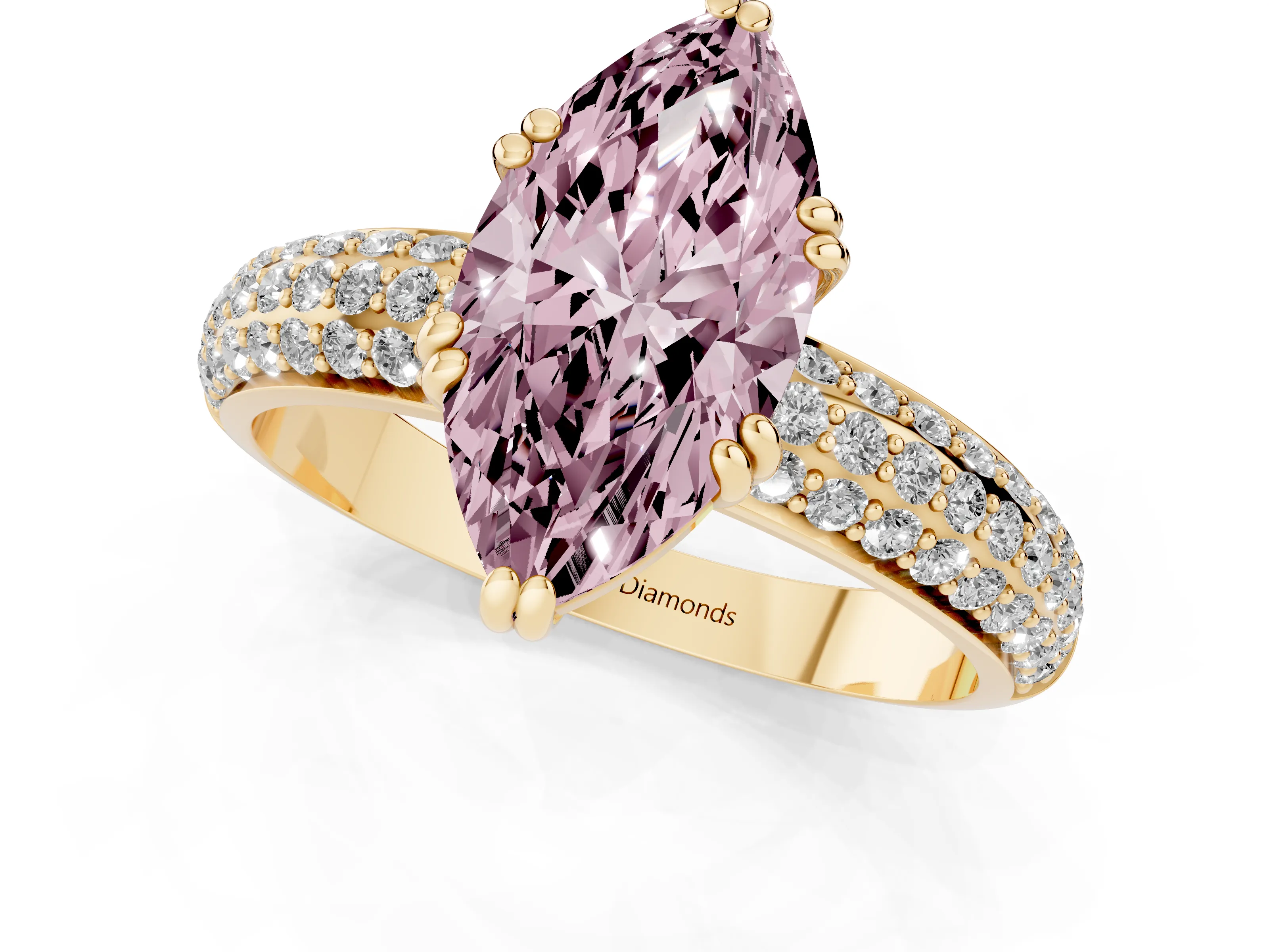 Fancy Pink Marquise Cut Diamond Solitaire Ring Set in Yellow gold with Multi-Row Round Pavé Band and Prong Setting