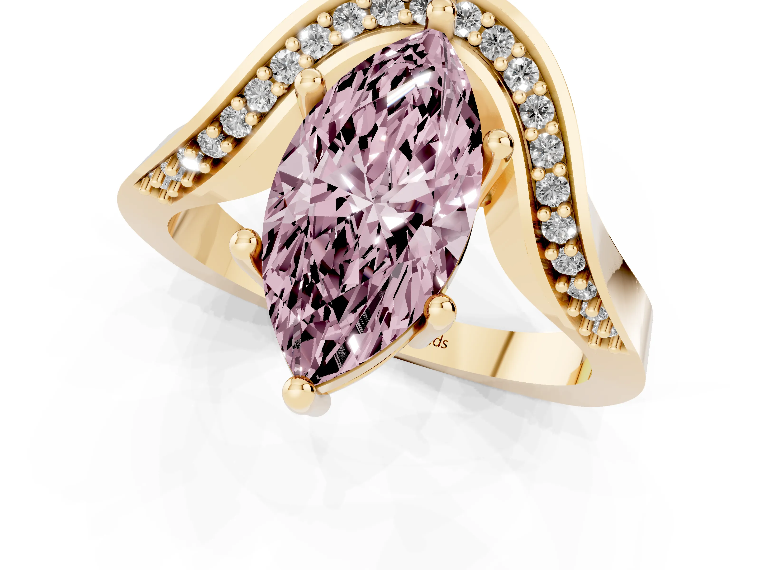 Fancy Pink Marquise Cut Diamond Solitaire Engagement Ring Set in Yellow gold with Pavé Shoulders