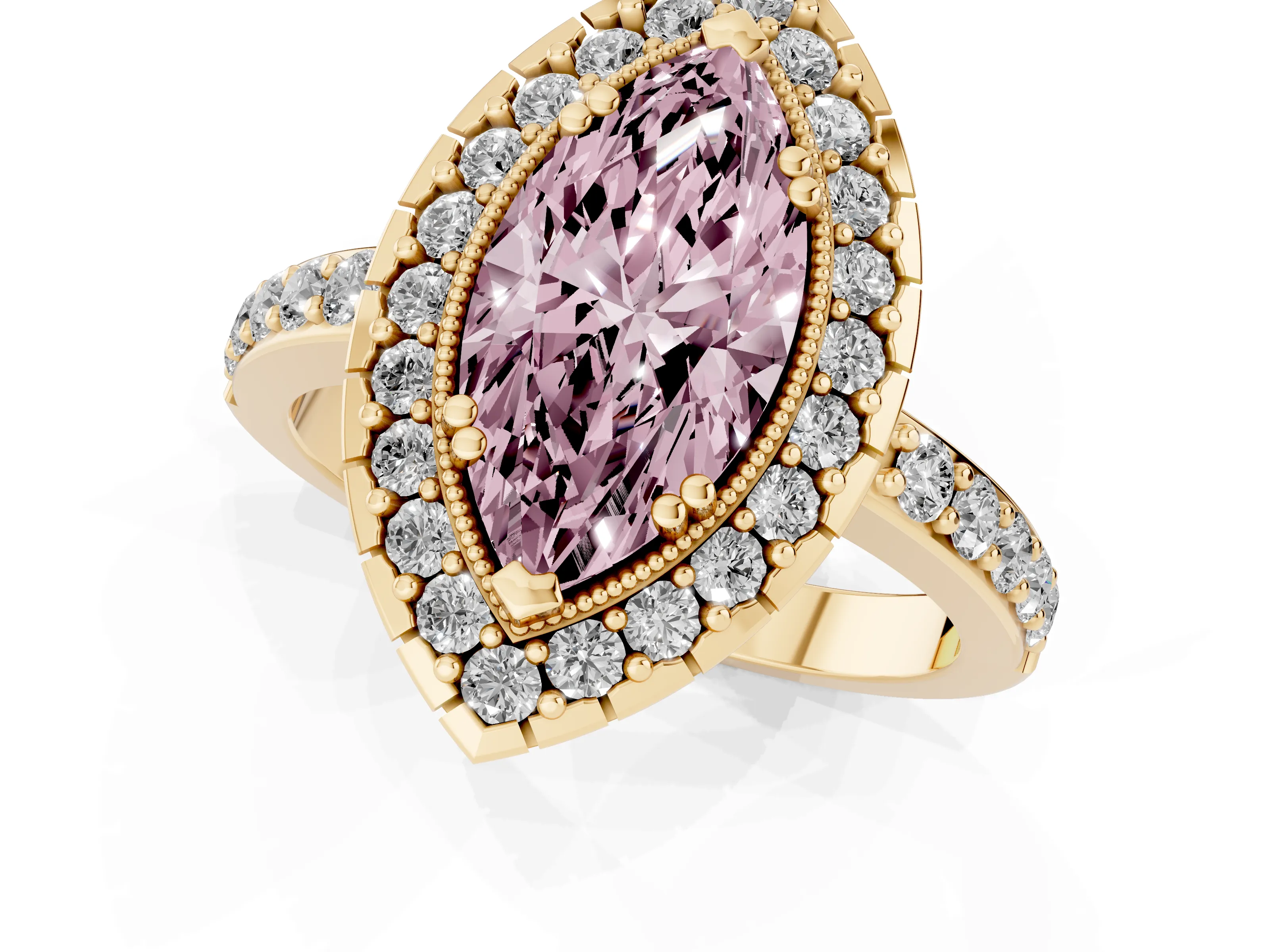 Fancy Pink Marquise Cut Diamond Halo Ring Set in Yellow gold with Pavé Shank and Prong Setting