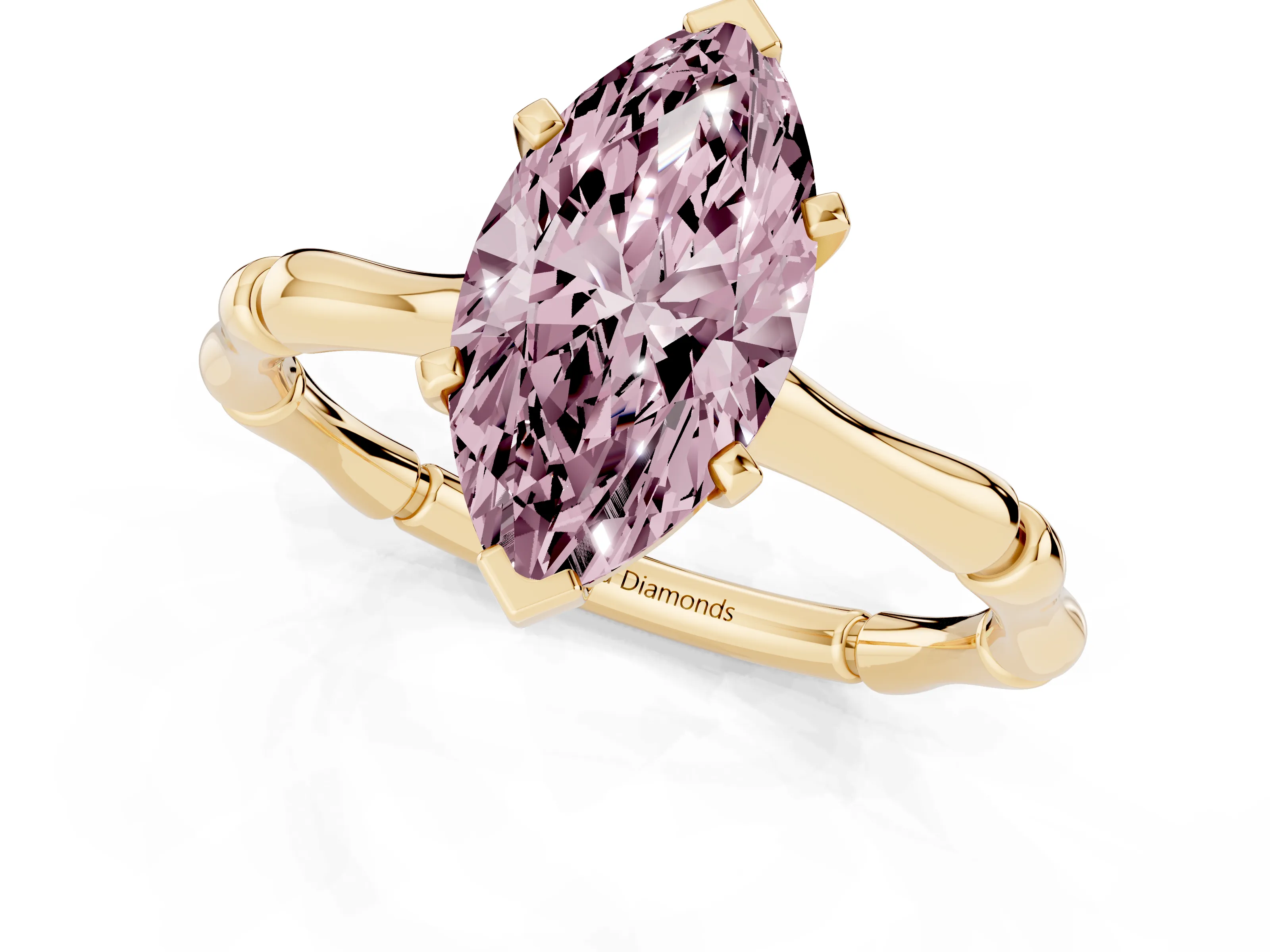 Fancy Pink Marquise Cut Diamond Solitaire Ring Set in Yellow gold with Bamboo Band and Prong Setting