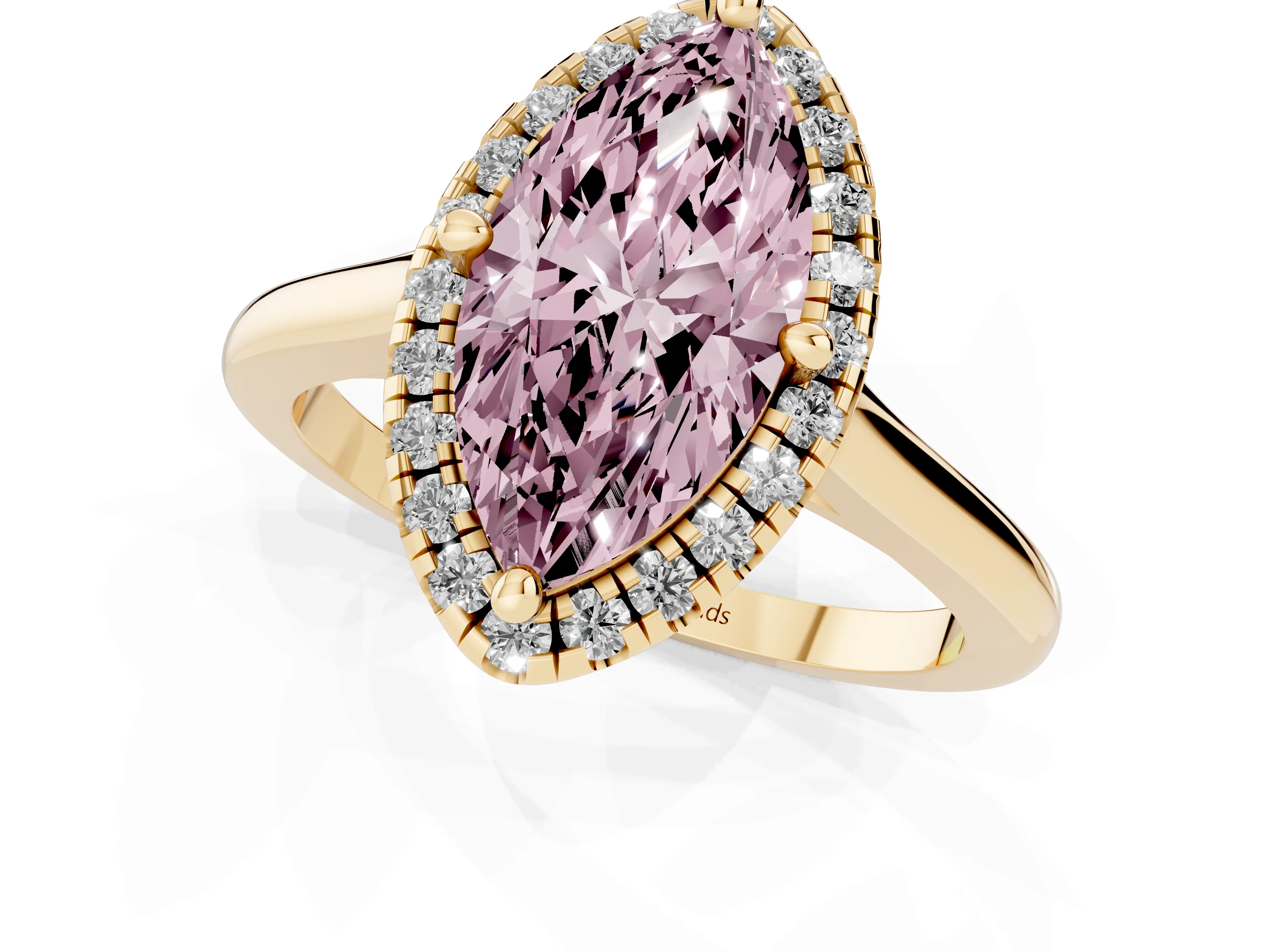 Fancy Pink Marquise Cut Diamond Halo Engagement Ring Set in Yellow gold with Pavé Band and Rising Shoulders