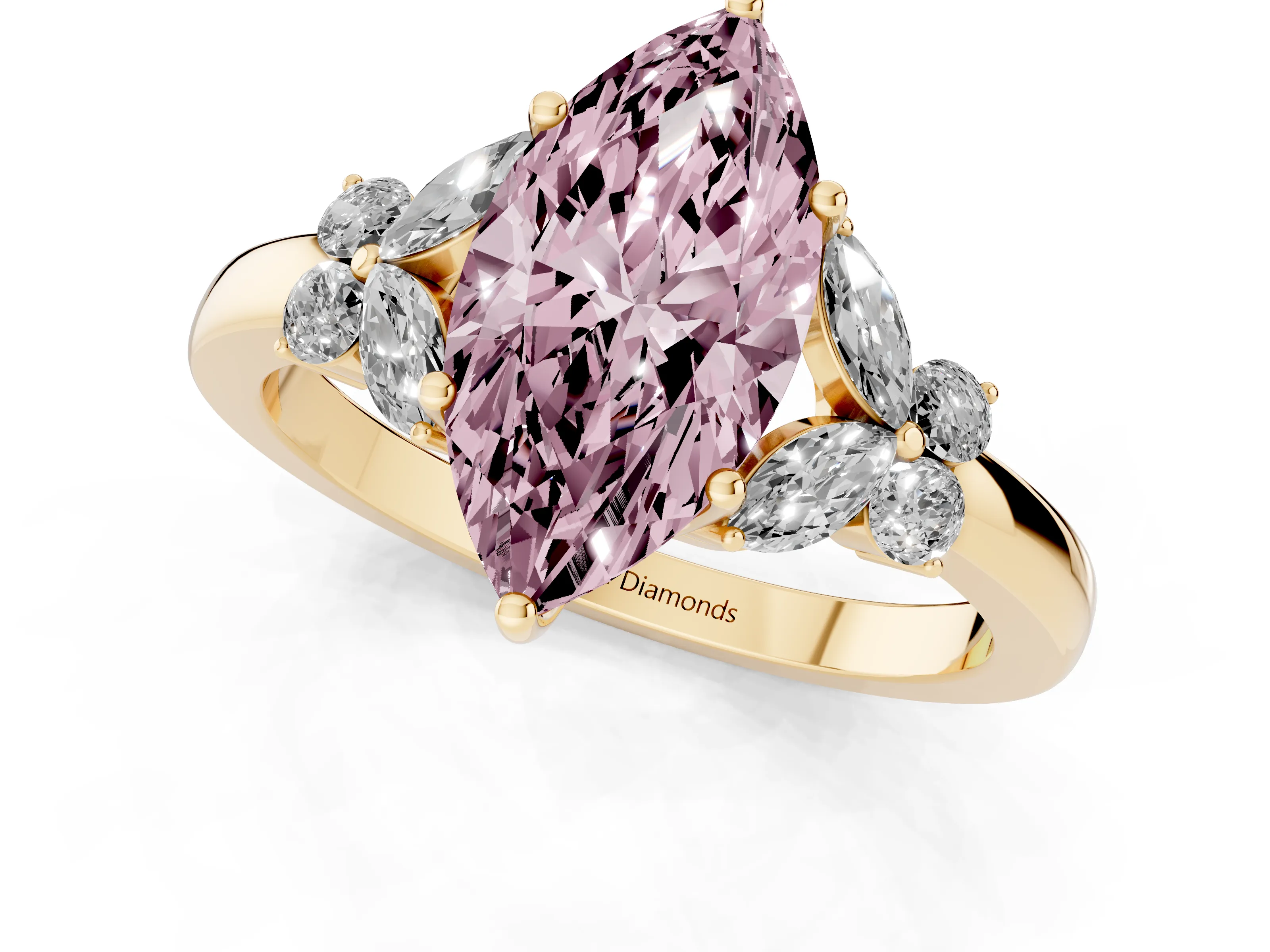 Fancy Pink Marquise Cut Diamond Solitaire Floral Ring Set in Yellow gold with Marquise Petals and Prong Setting