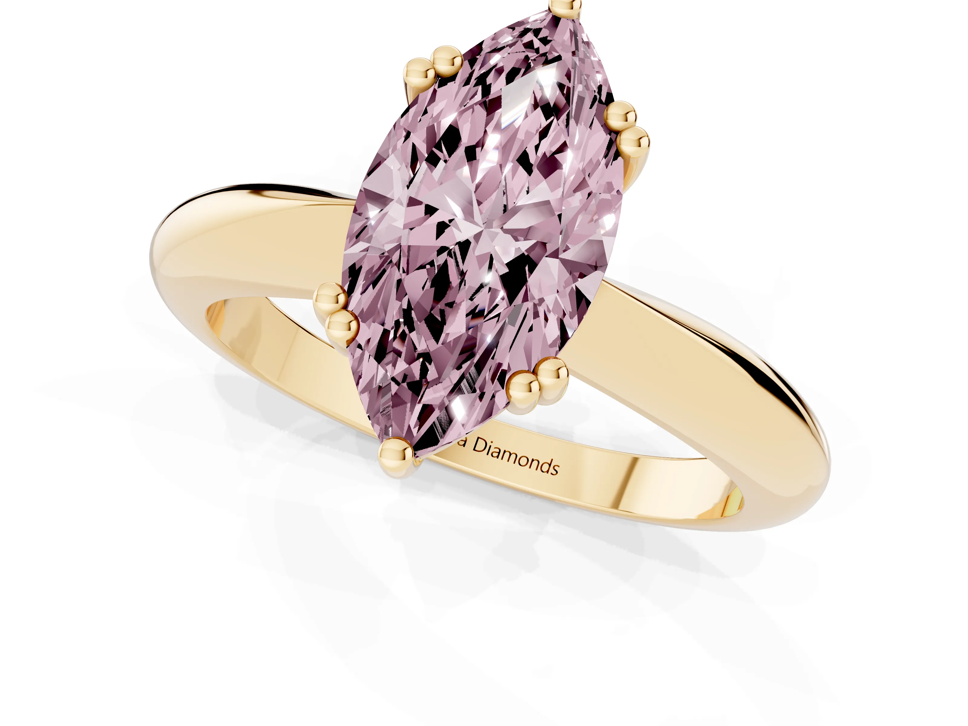 Fancy Pink Marquise Cut Diamond Solitaire Engagement Ring Set in Yellow gold with Tapered Band and Prong Setting
