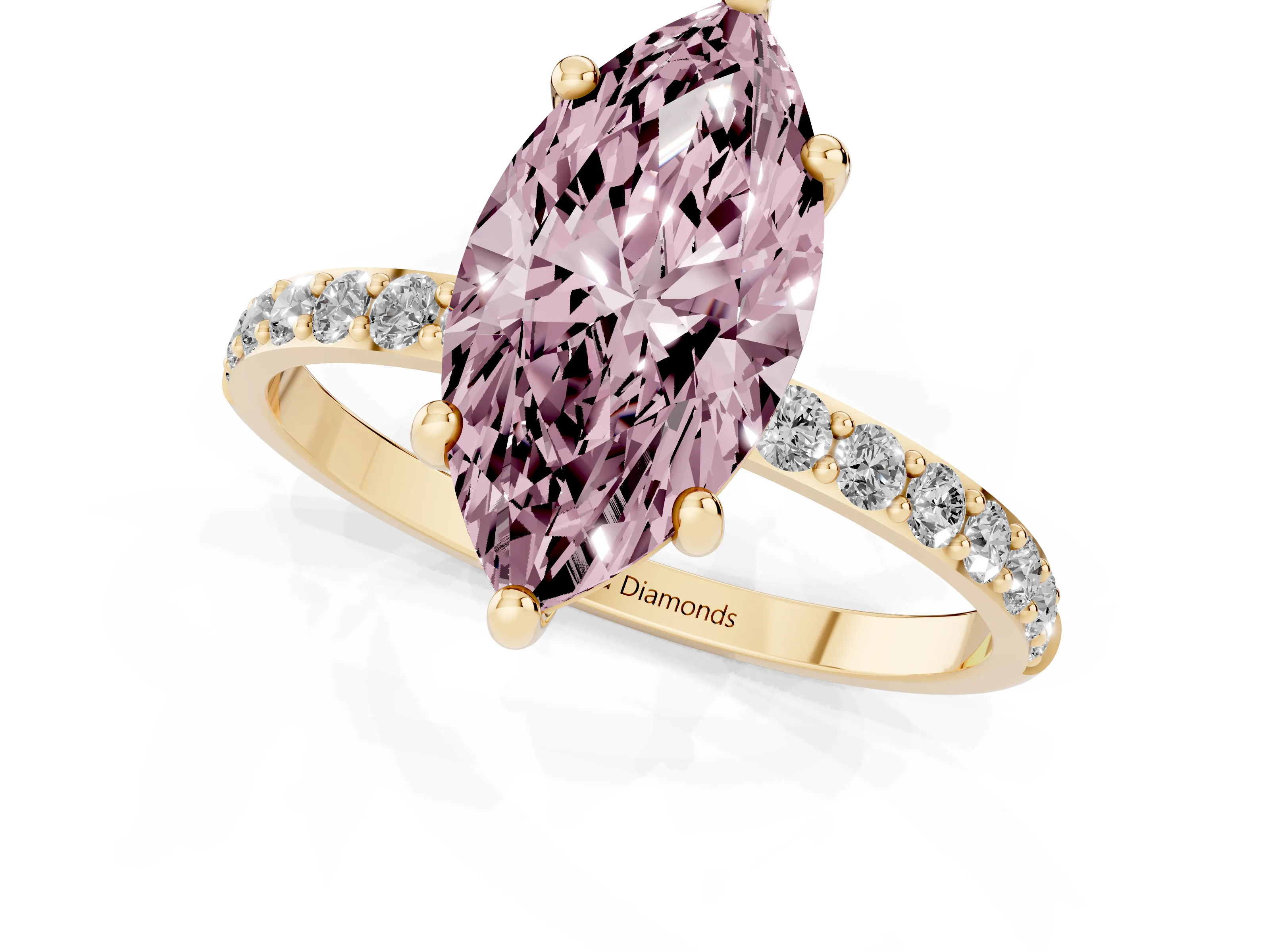 Fancy Pink Marquise Cut Diamond Solitaire Ring Set in Yellow gold with Round Pavé Band and Prong Setting