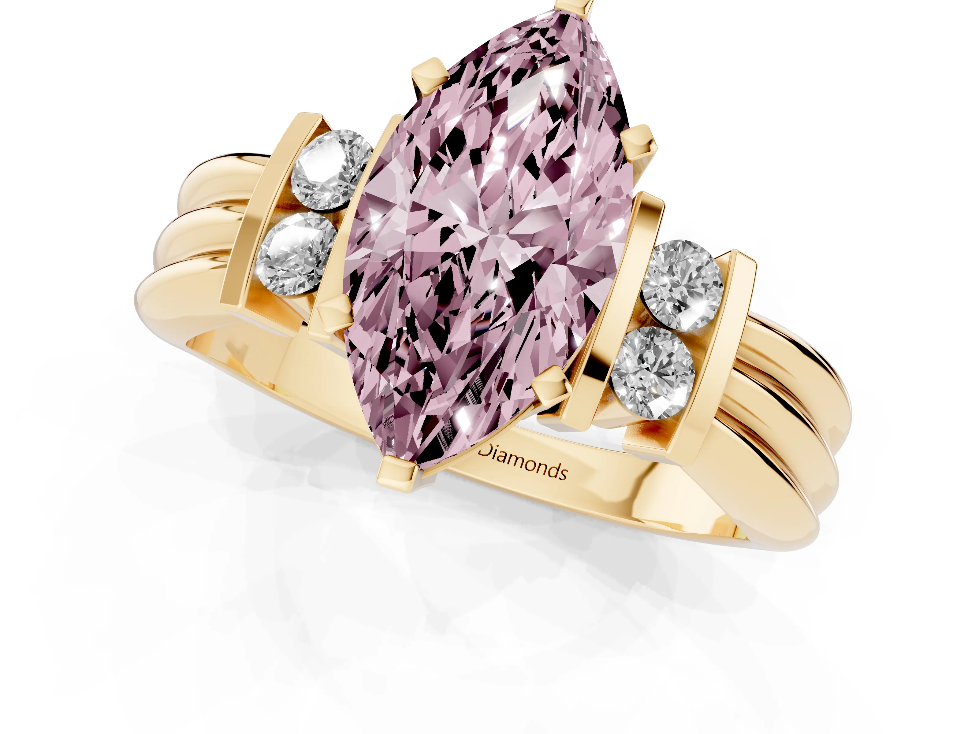 Fancy Pink Three-Stone Marquise Cut Diamond Channel Set Ring Set in Yellow gold with Bar Prongs