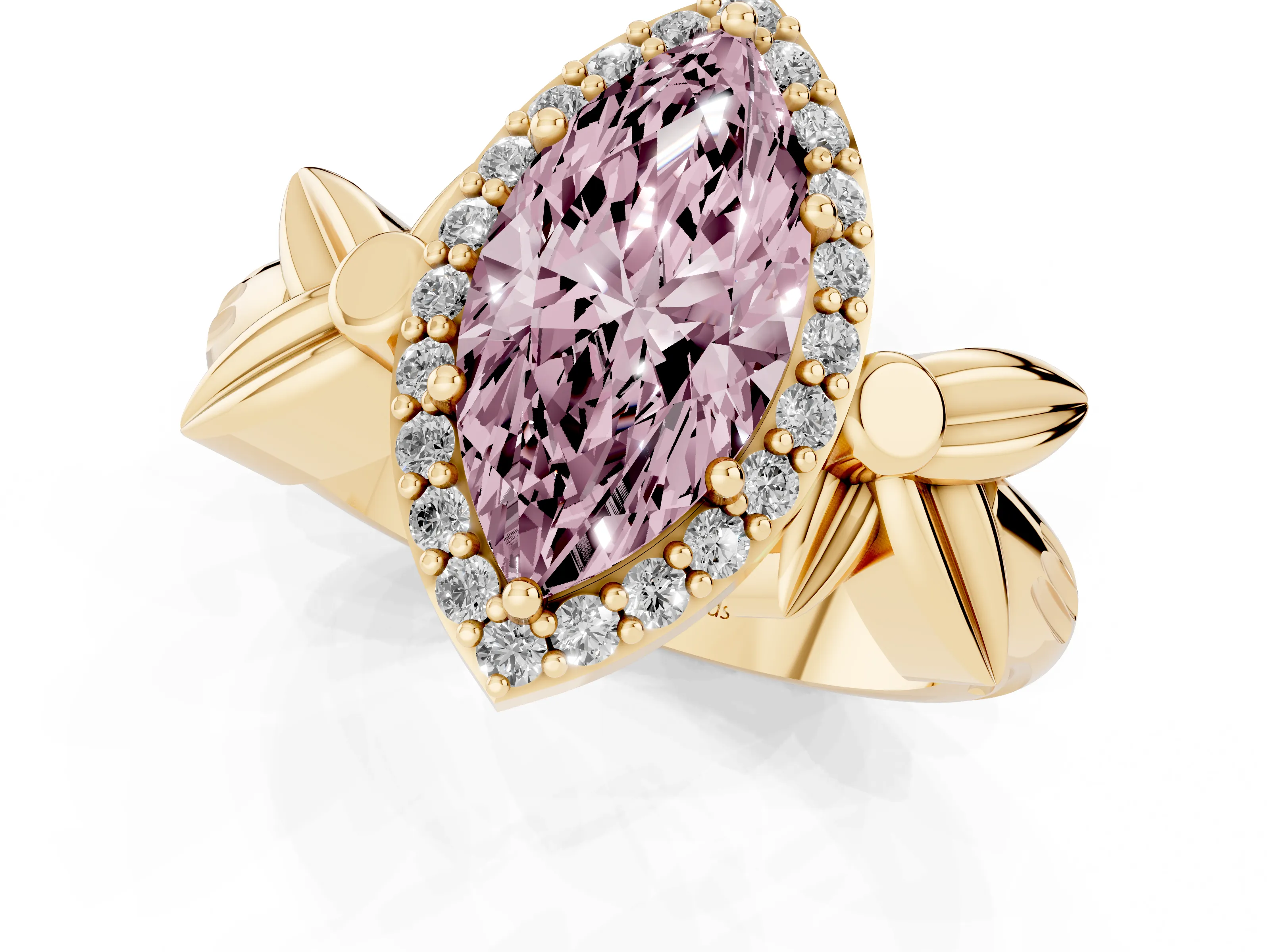 Fancy Pink Marquise Cut Diamond Halo Floral Band Ring Set in Yellow gold with Prong Setting