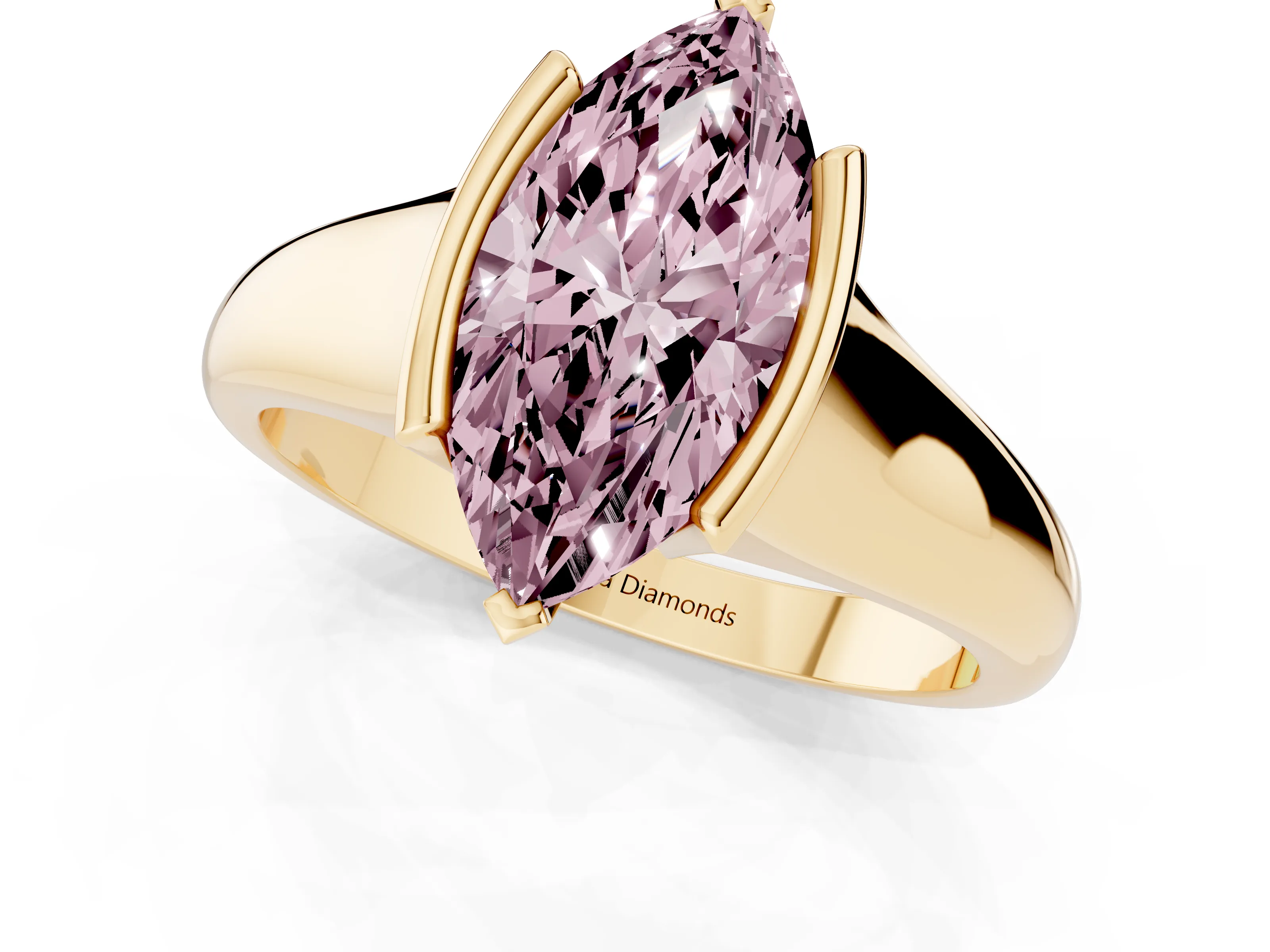 Fancy Pink Marquise Cut Diamond Solitaire Tension Set Ring Set in Yellow gold with Split Shank Band