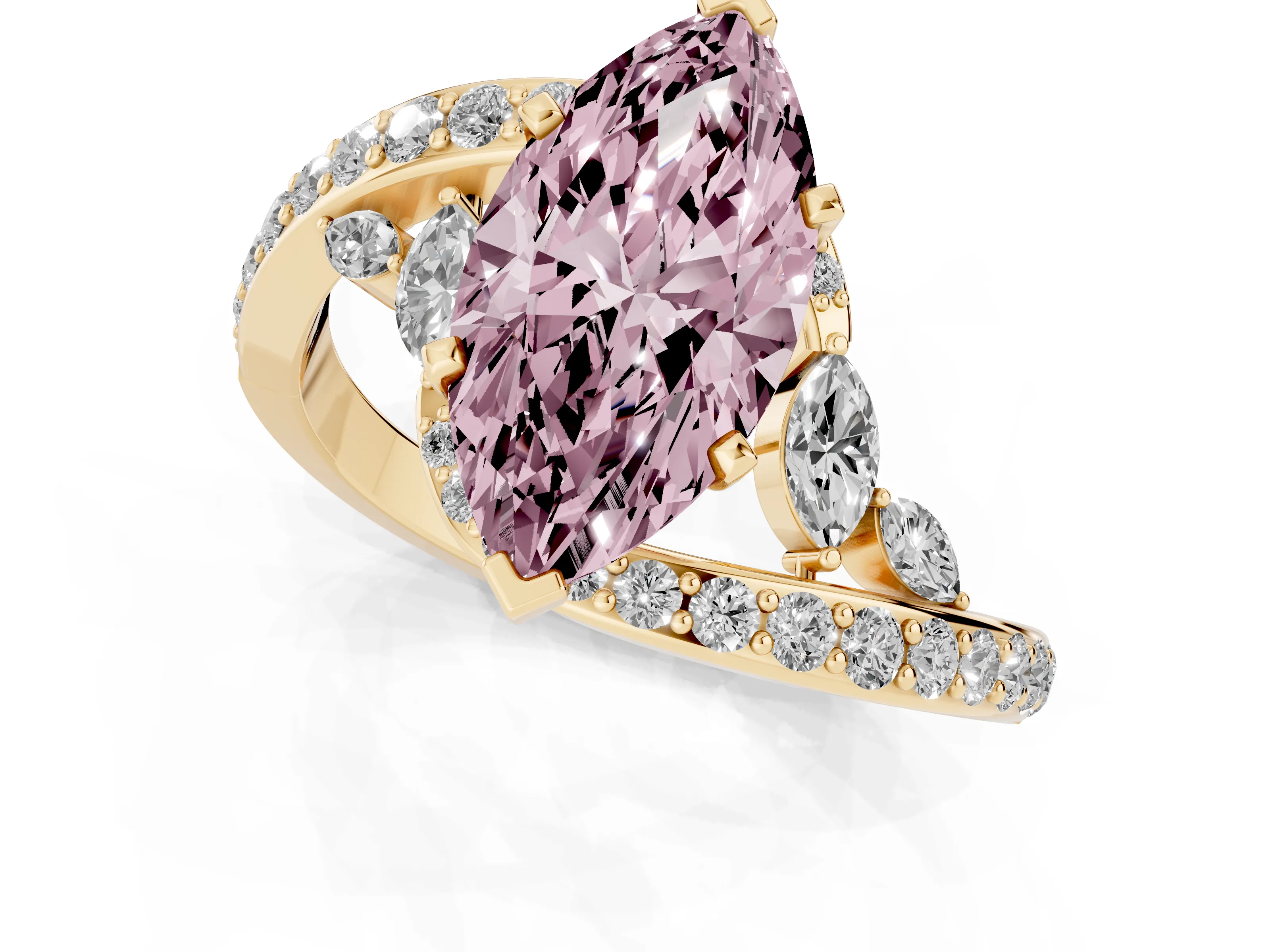 Fancy Pink Marquise Cut Diamond Solitaire Ring Set in Yellow gold with Pavé Twist Band and Secure Prong Setting