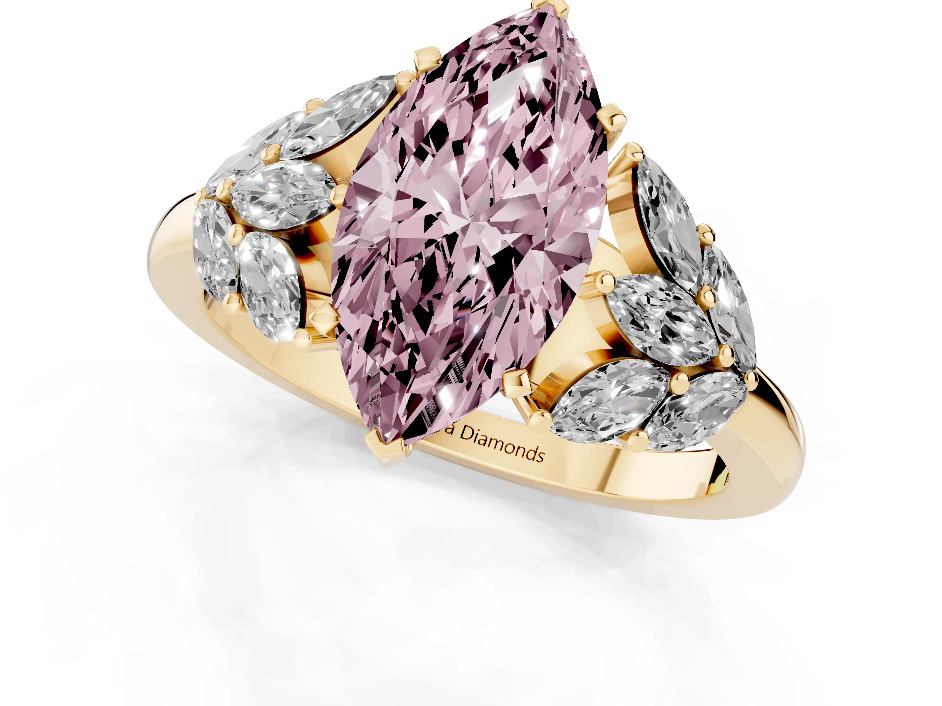Fancy Pink Marquise Cut Diamond Cluster Leaf Design Ring Set in Yellow gold with Prong Setting