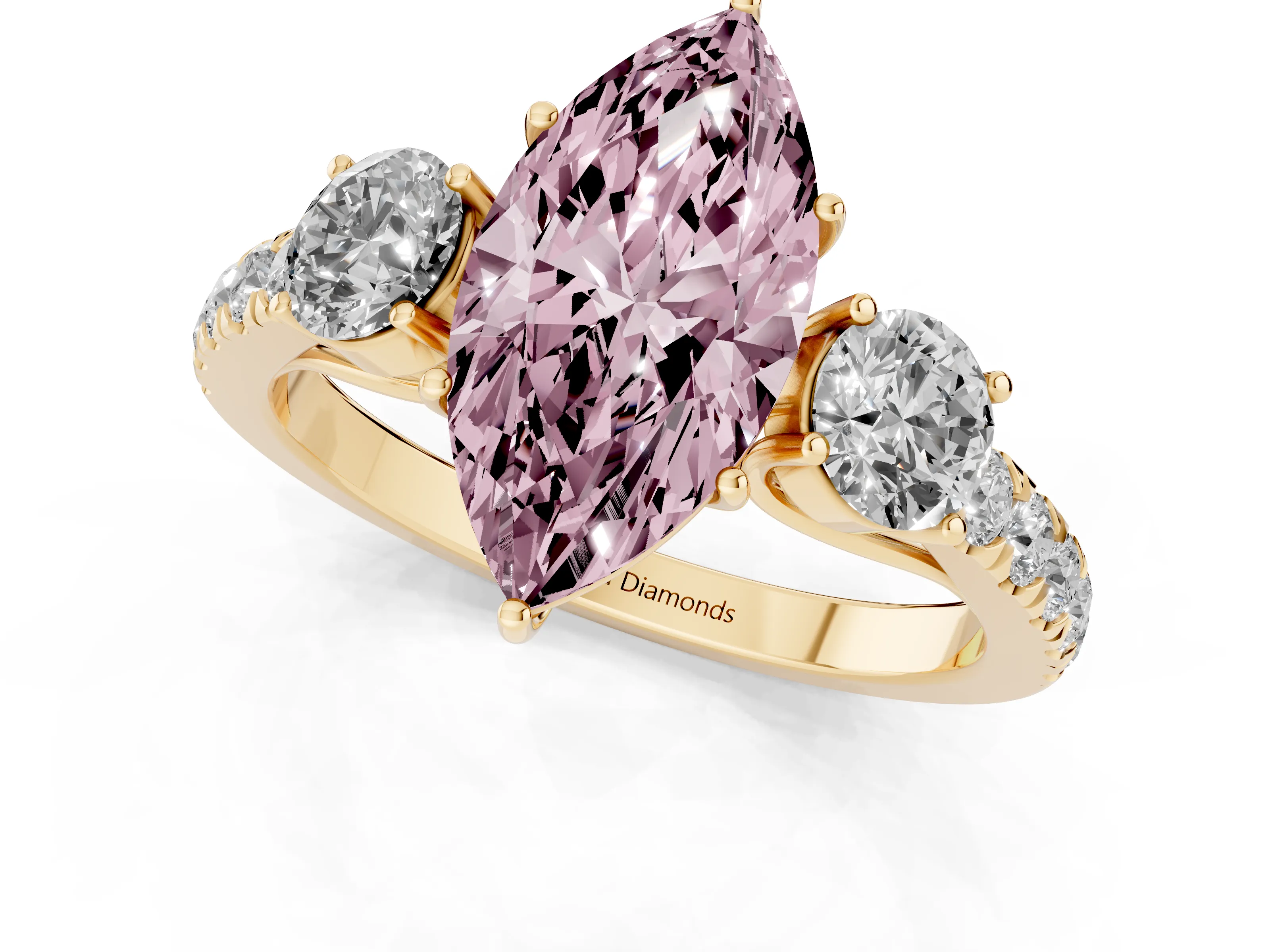 Fancy Pink Marquise Cut Diamond Three-Stone Ring Set in Yellow gold with Round Side Stones and Delicate Pavé Band