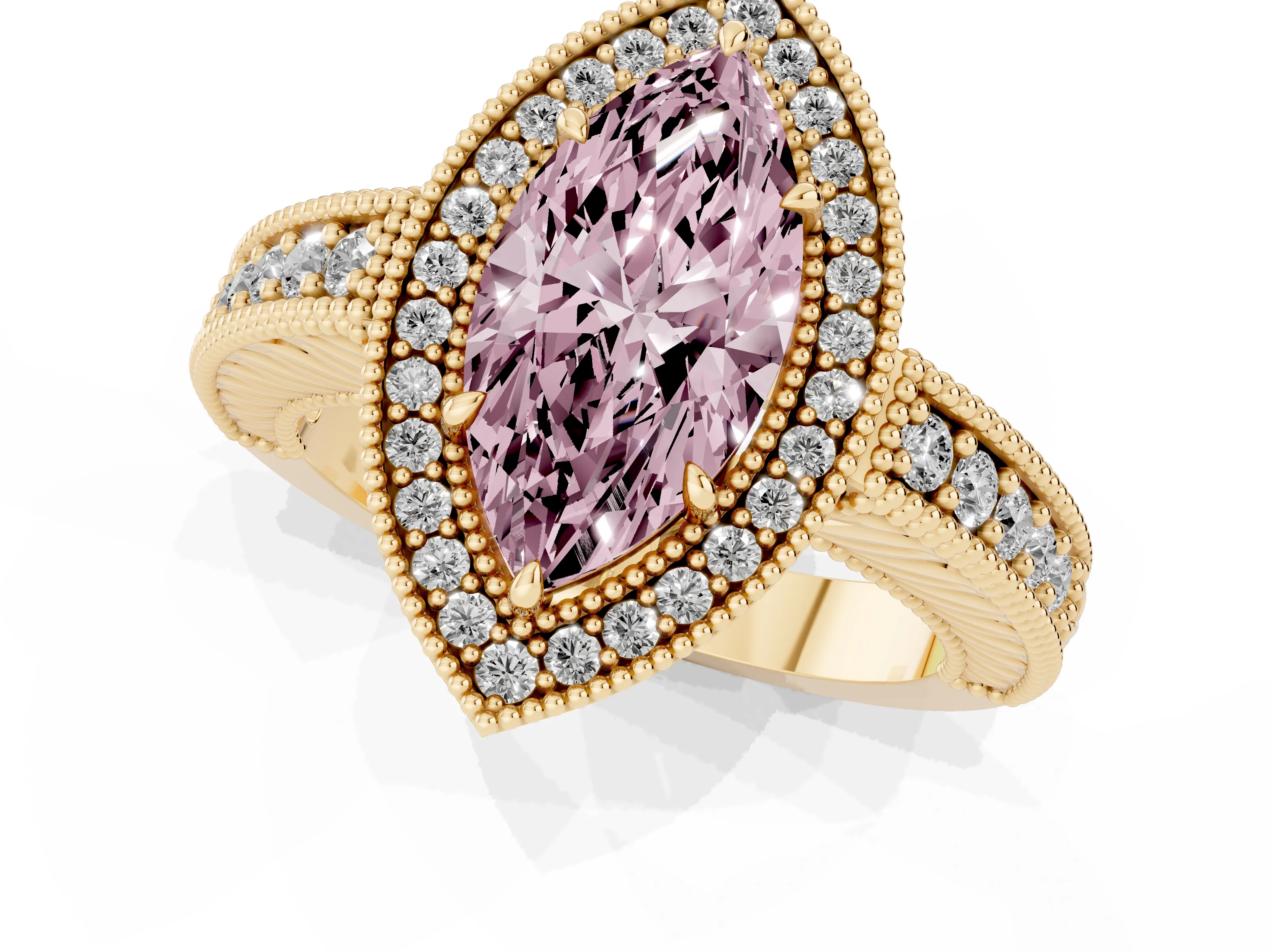 Fancy Pink Marquise Cut Diamond Halo Ring Set in Yellow gold with Round Accent Halo, Pavé Band and Prong Setting