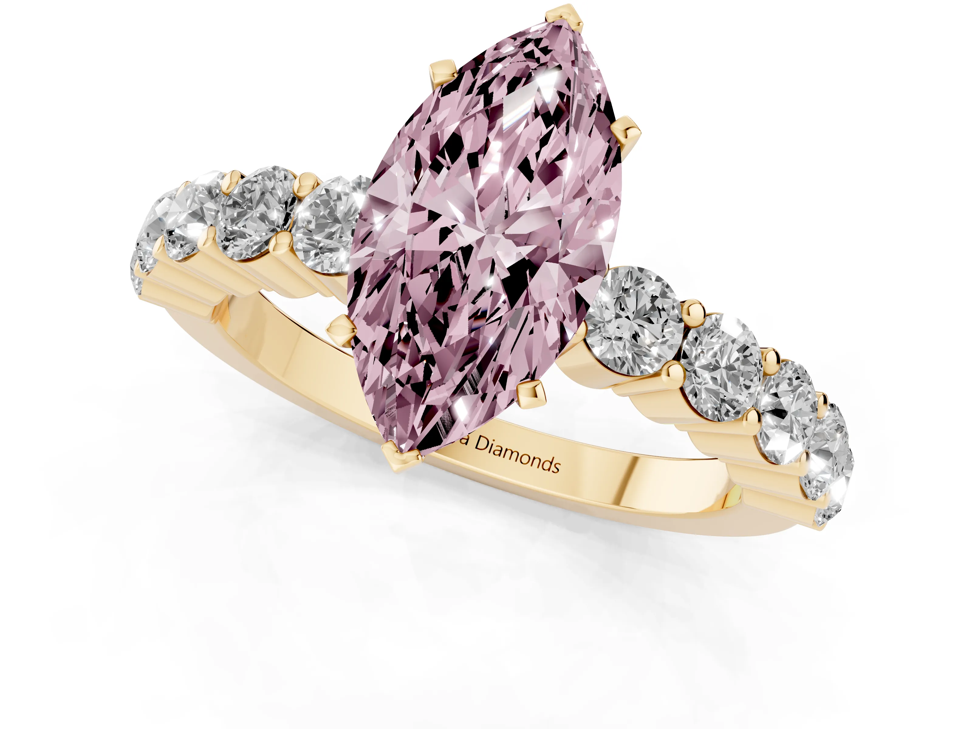 Fancy Pink Marquise Cut Diamond Solitaire Ring Set in Yellow gold with Shared Prong Round Side Stones