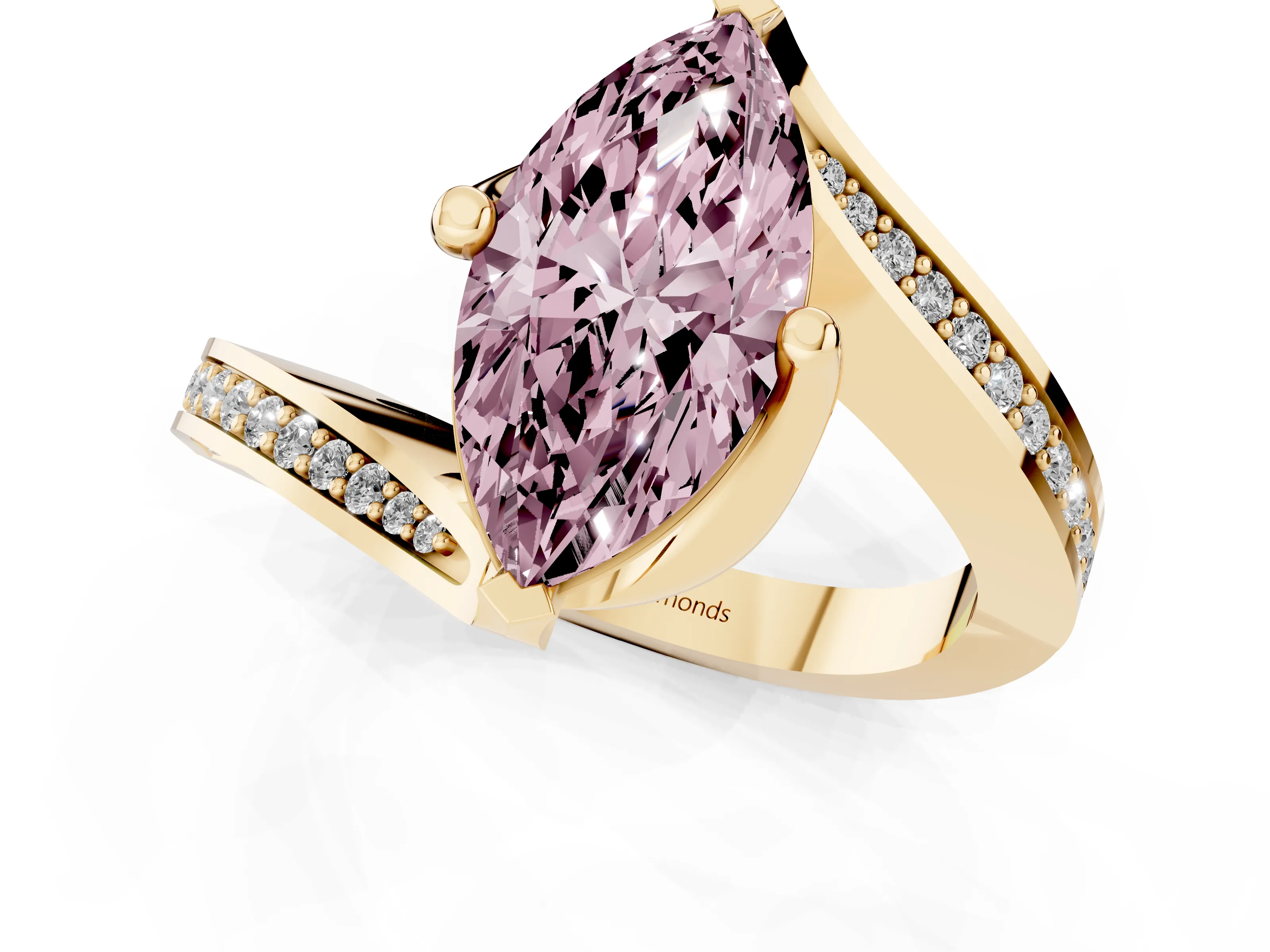 Fancy Pink Marquise Cut Diamond Solitaire Ring Set in Yellow gold with Intertwined Pavé Twist Band