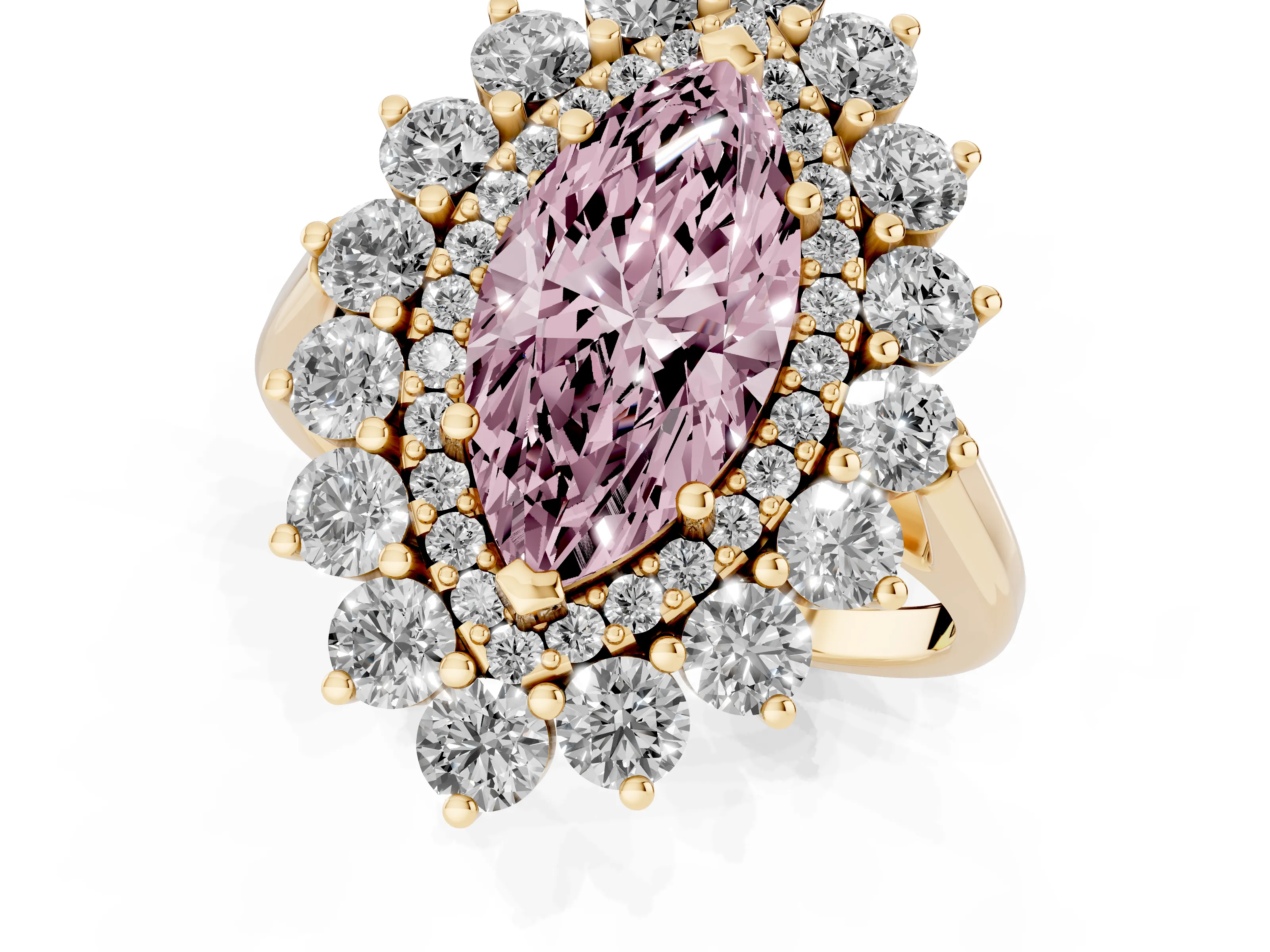 Fancy Pink Marquise Cut Diamond Floral Double Halo Ring Set in Yellow gold with Round Petals