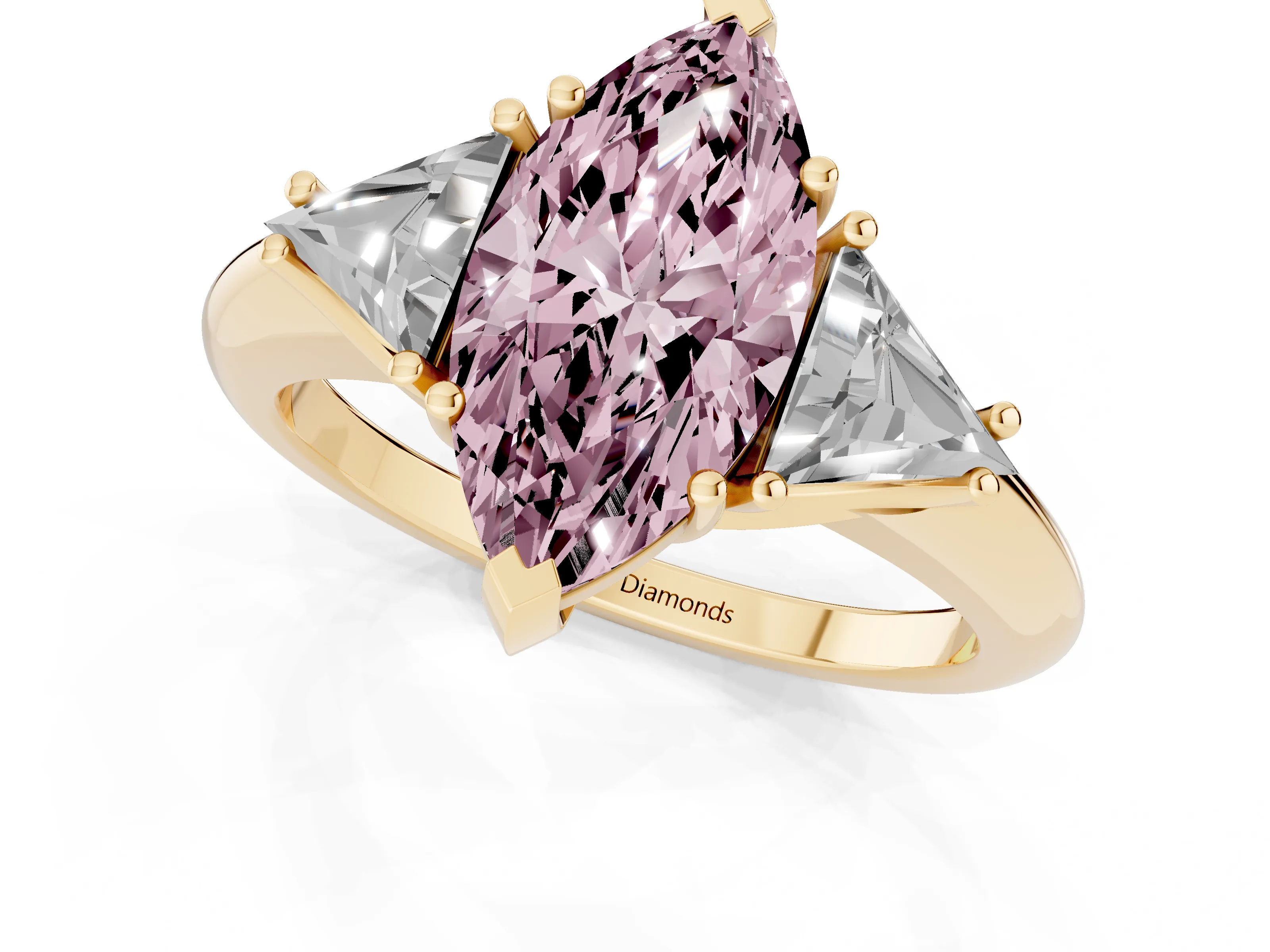 Fancy Pink Marquise Cut Diamond Three-Stone Engagement Ring Set in Yellow gold with Trillion Side Stones
