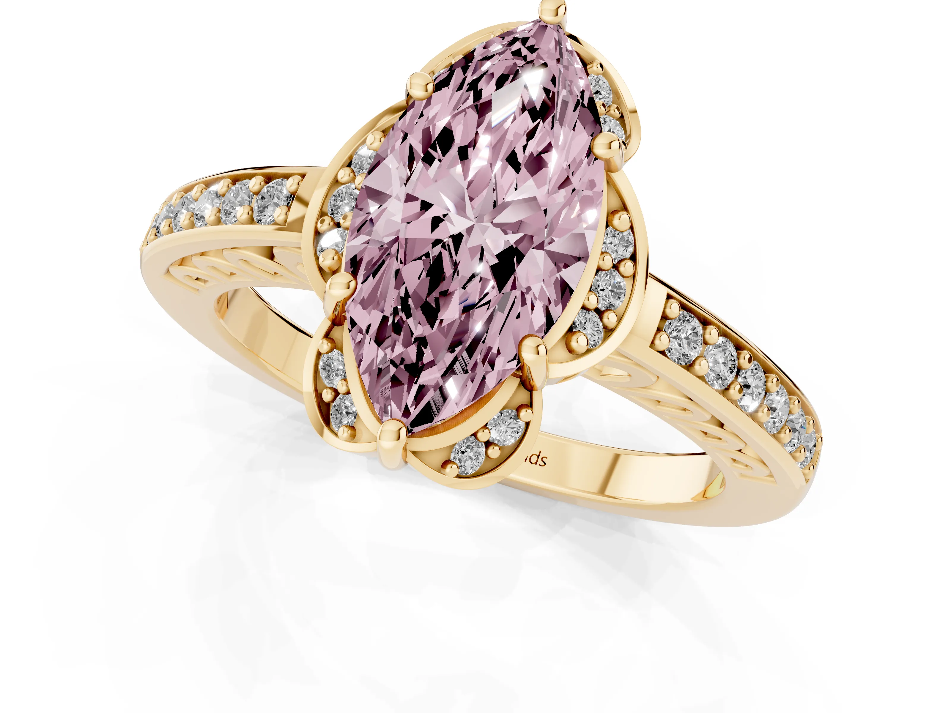 Fancy Pink Marquise Cut Diamond Halo Ring Set in Yellow gold with Channel Set Band and Prong Setting