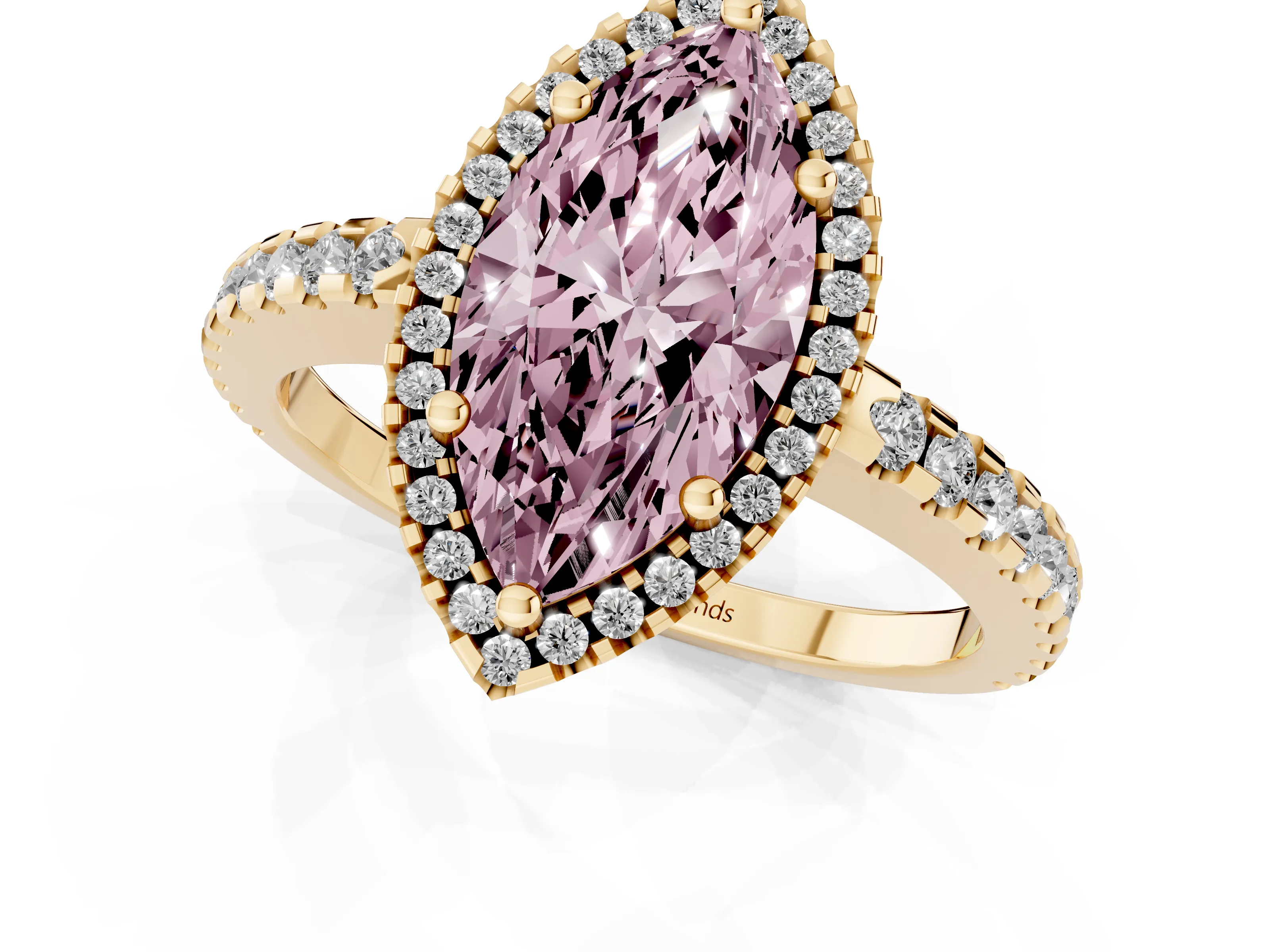 Fancy Pink Marquise Cut Diamond Halo Ring Set in Yellow gold with Pavé Shoulders and Halo-Framed Center