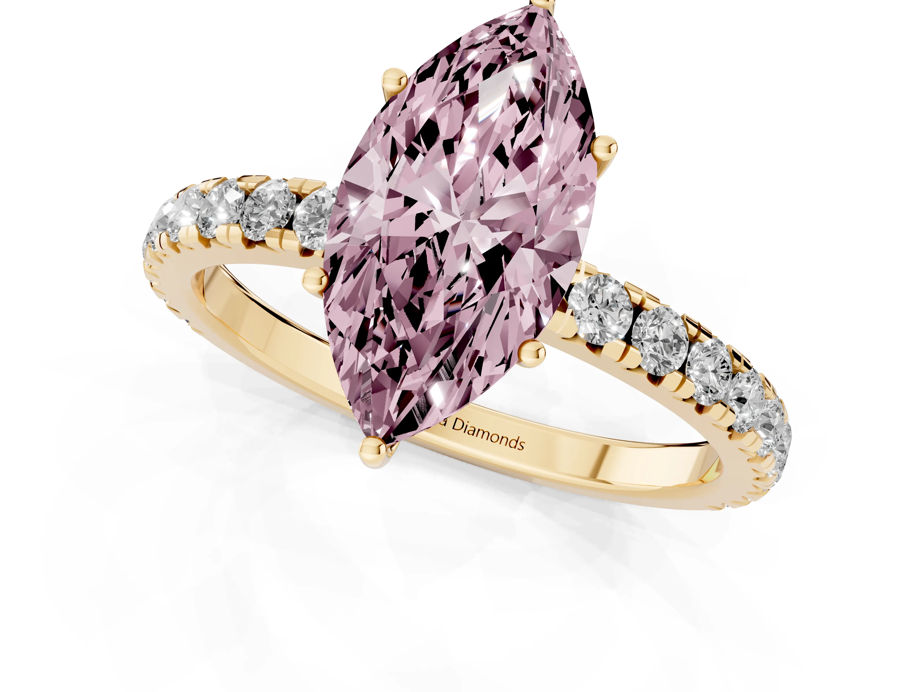 Fancy Pink Marquise Cut Diamond Pavé Solitaire Engagement Ring Set in Yellow gold with Prong Setting
