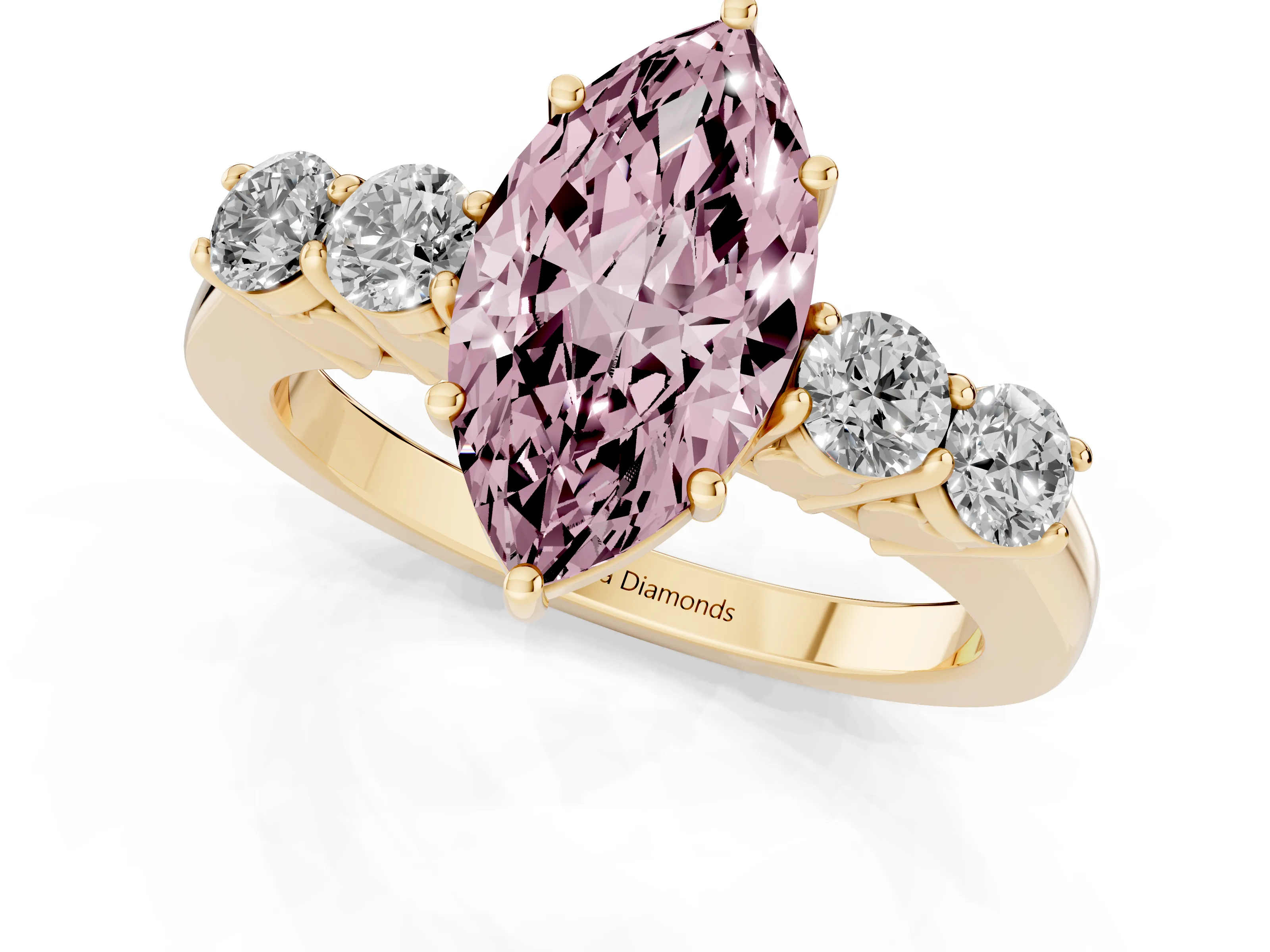 Fancy Pink Marquise Cut Diamond Five-Stone Prong Set Band Ring Set in Yellow gold with Polished Band