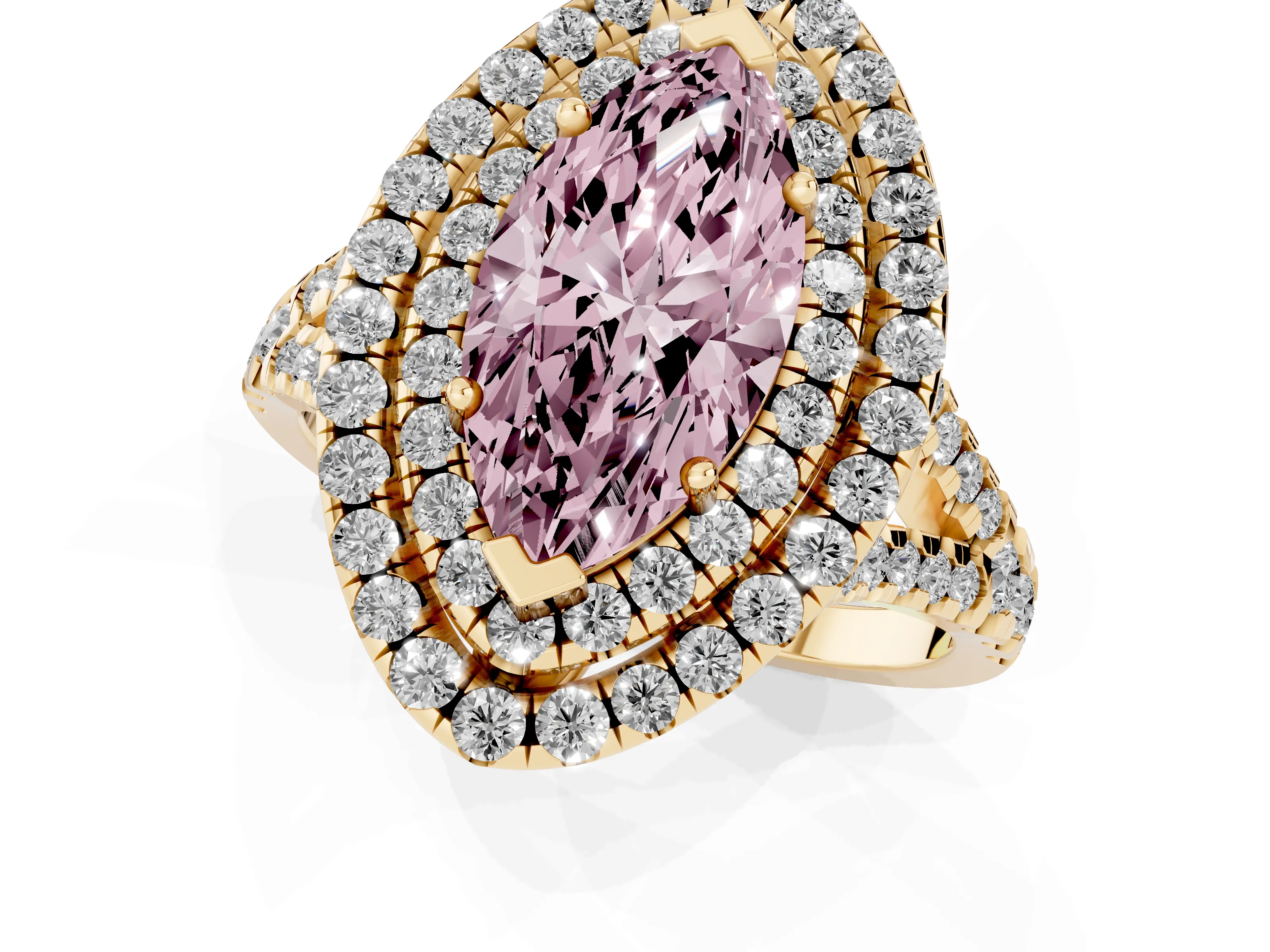 Fancy Pink Marquise Cut Diamond Double Halo Ring Set in Yellow gold with Pavé Split Shank and Prong Setting