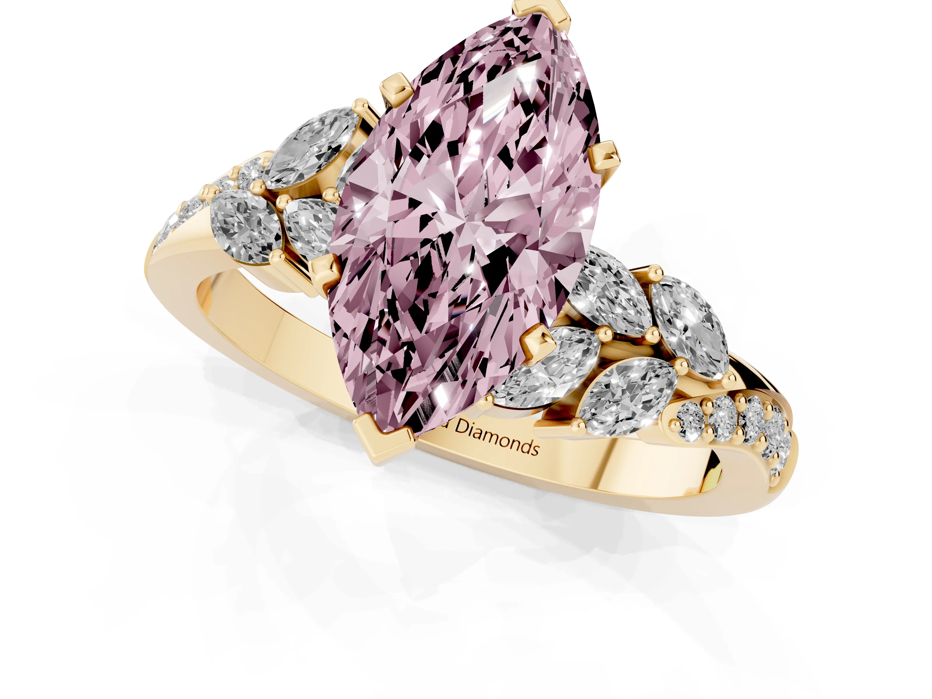 Fancy Pink Marquise Cut Diamond Solitaire Ring Set in Yellow gold with Marquise Twist Band and Prong Setting