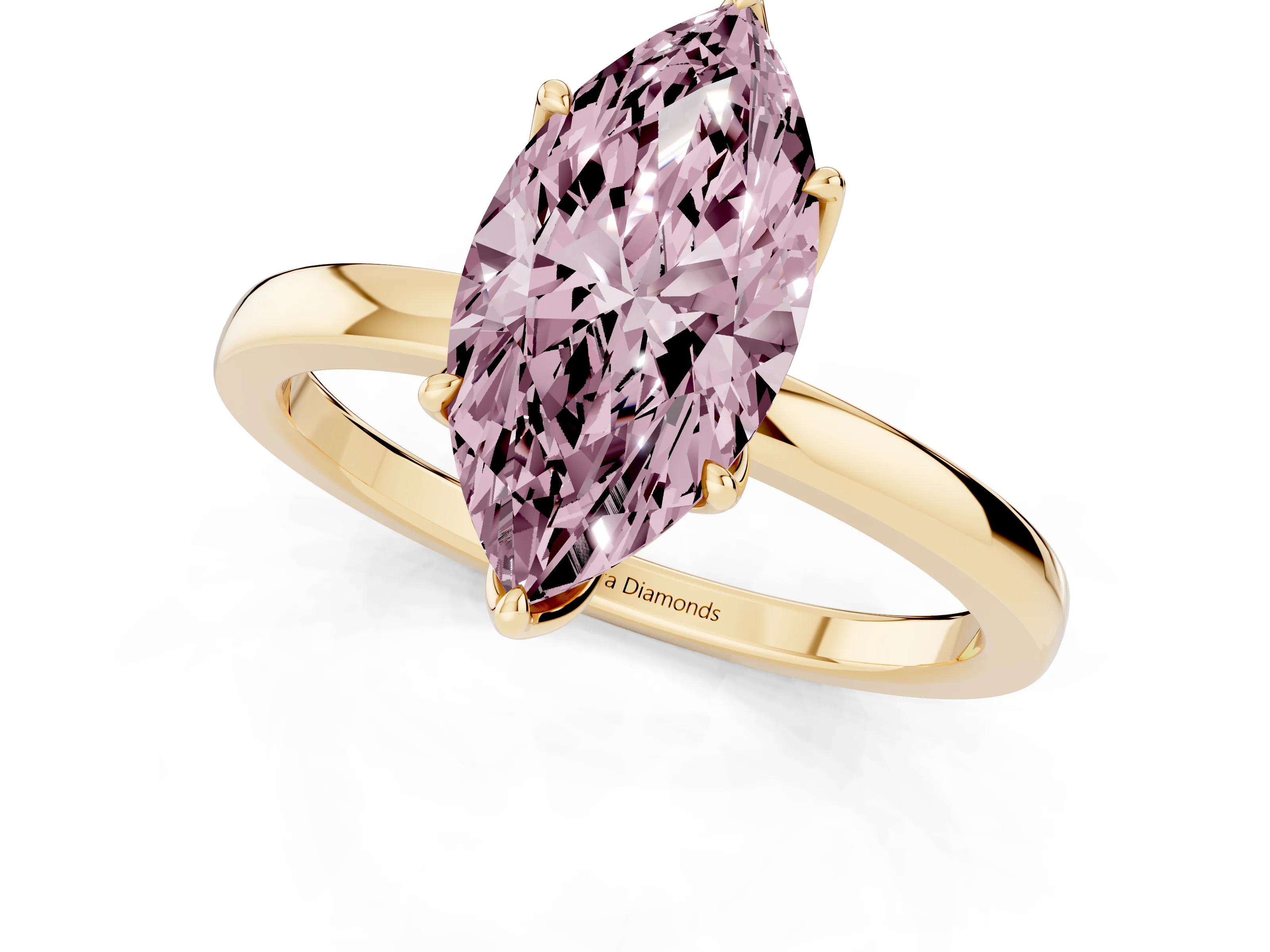 Fancy Pink Marquise Cut Diamond Solitaire Ring Set in Yellow gold with Prong Setting and Thin Polished Band