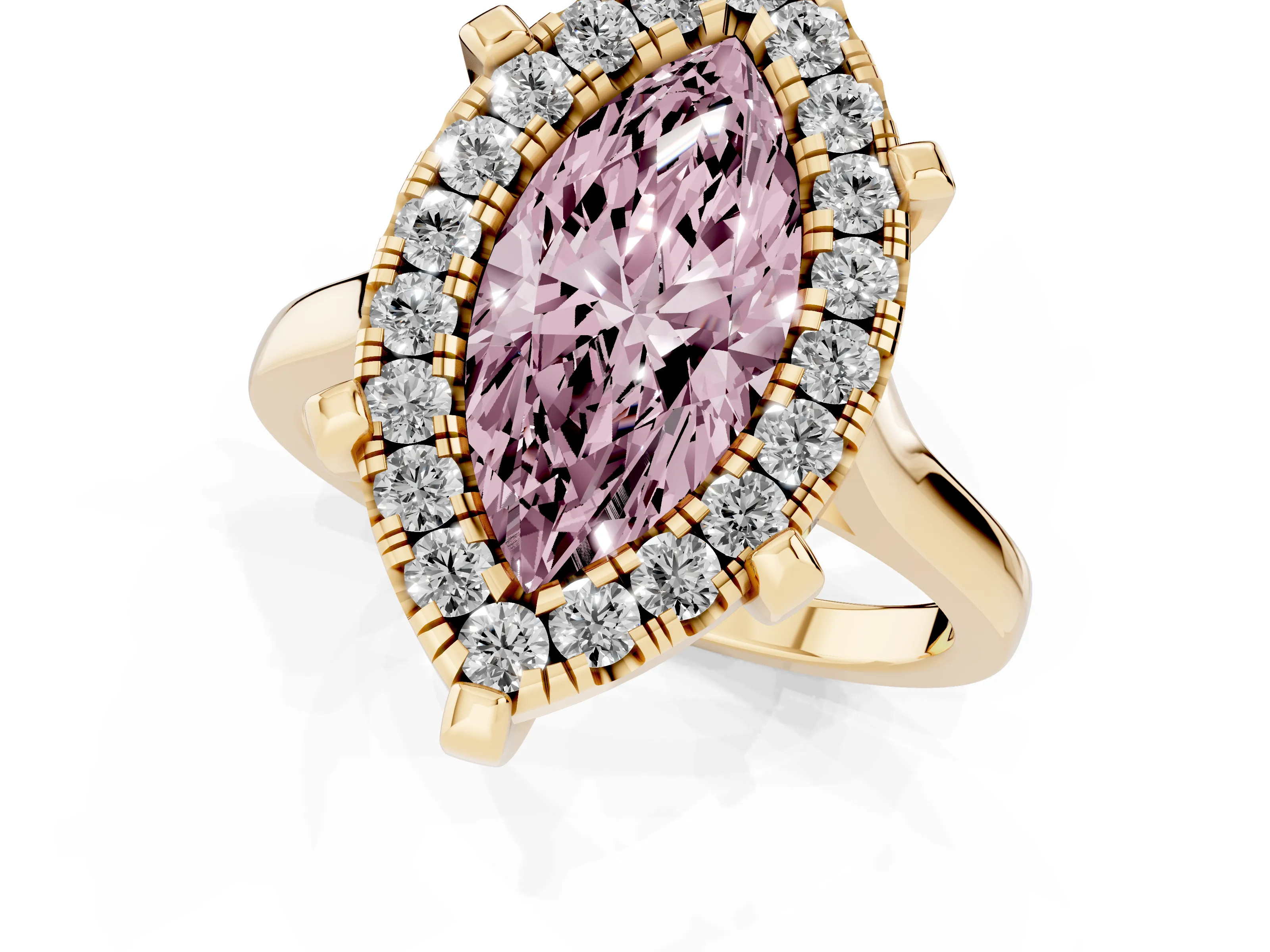 Fancy Pink Marquise Cut Diamond Cluster Halo Solitaire Ring Set in Yellow gold with Prong Setting
